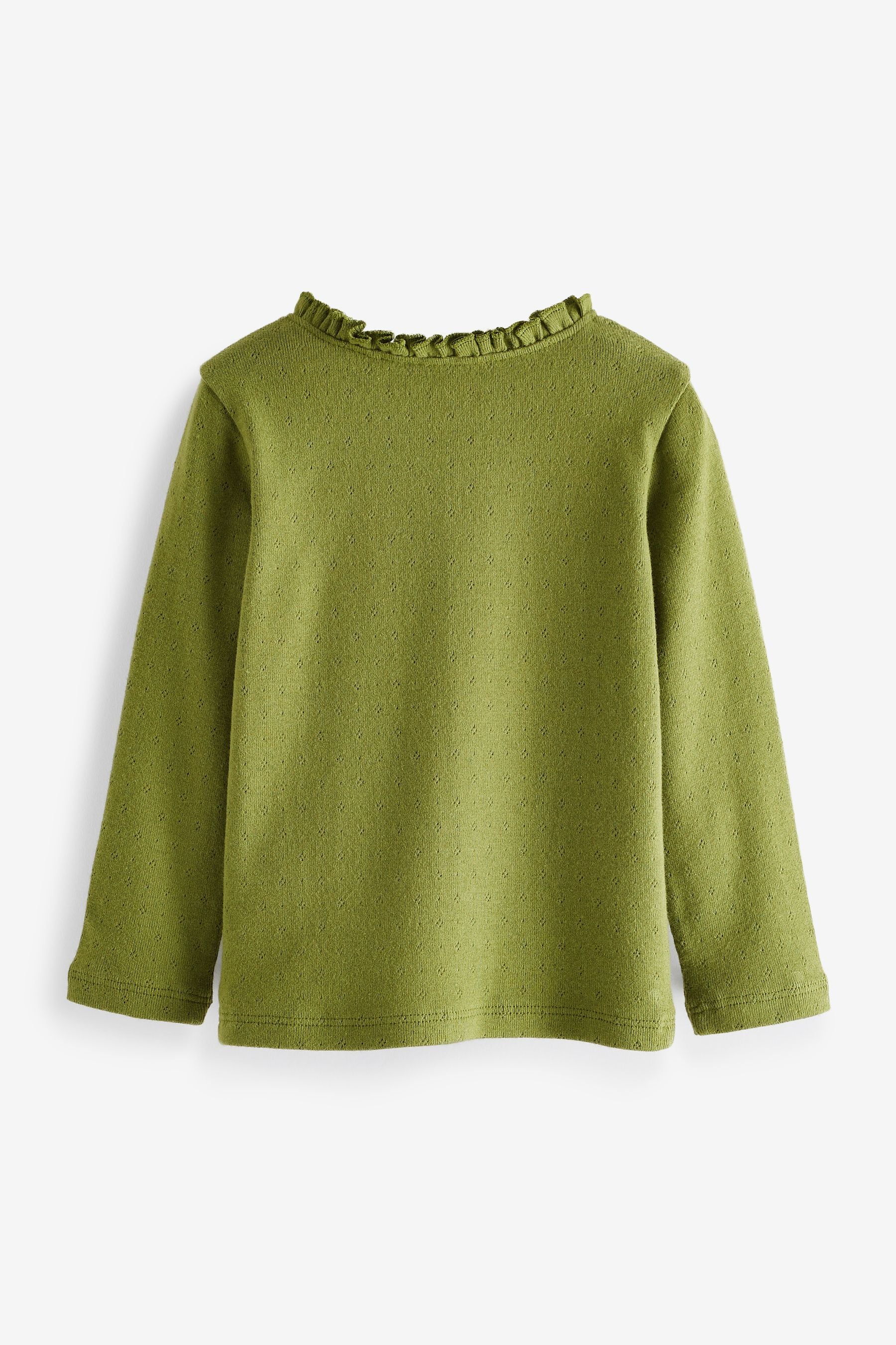 Khaki Green Long Sleeve Pointelle Cotton Top (3mths-7yrs)