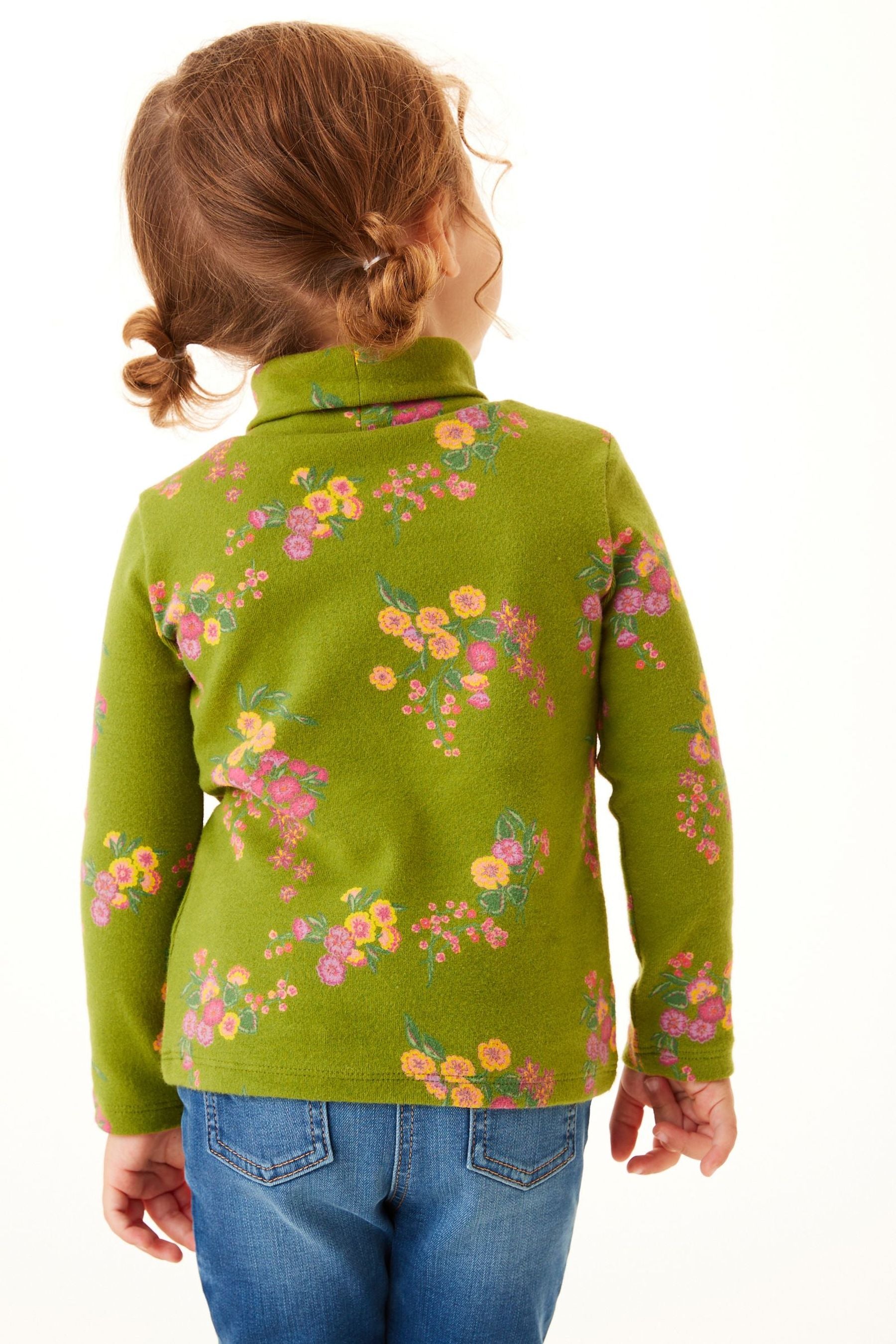 Khaki Green Floral Long Sleeve Roll Neck Top (3mths-7yrs)