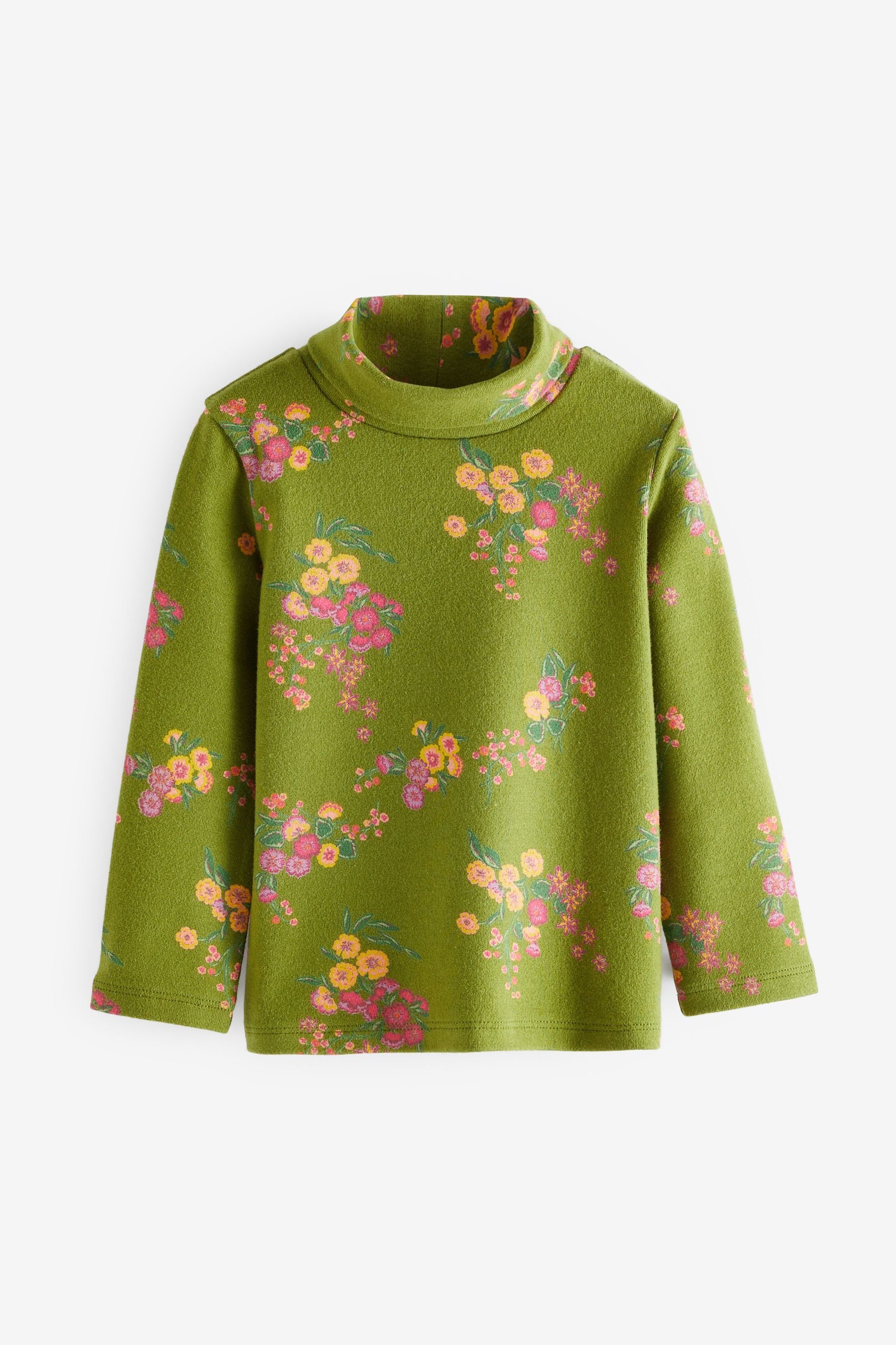 Khaki Green Floral Long Sleeve Roll Neck Top (3mths-7yrs)