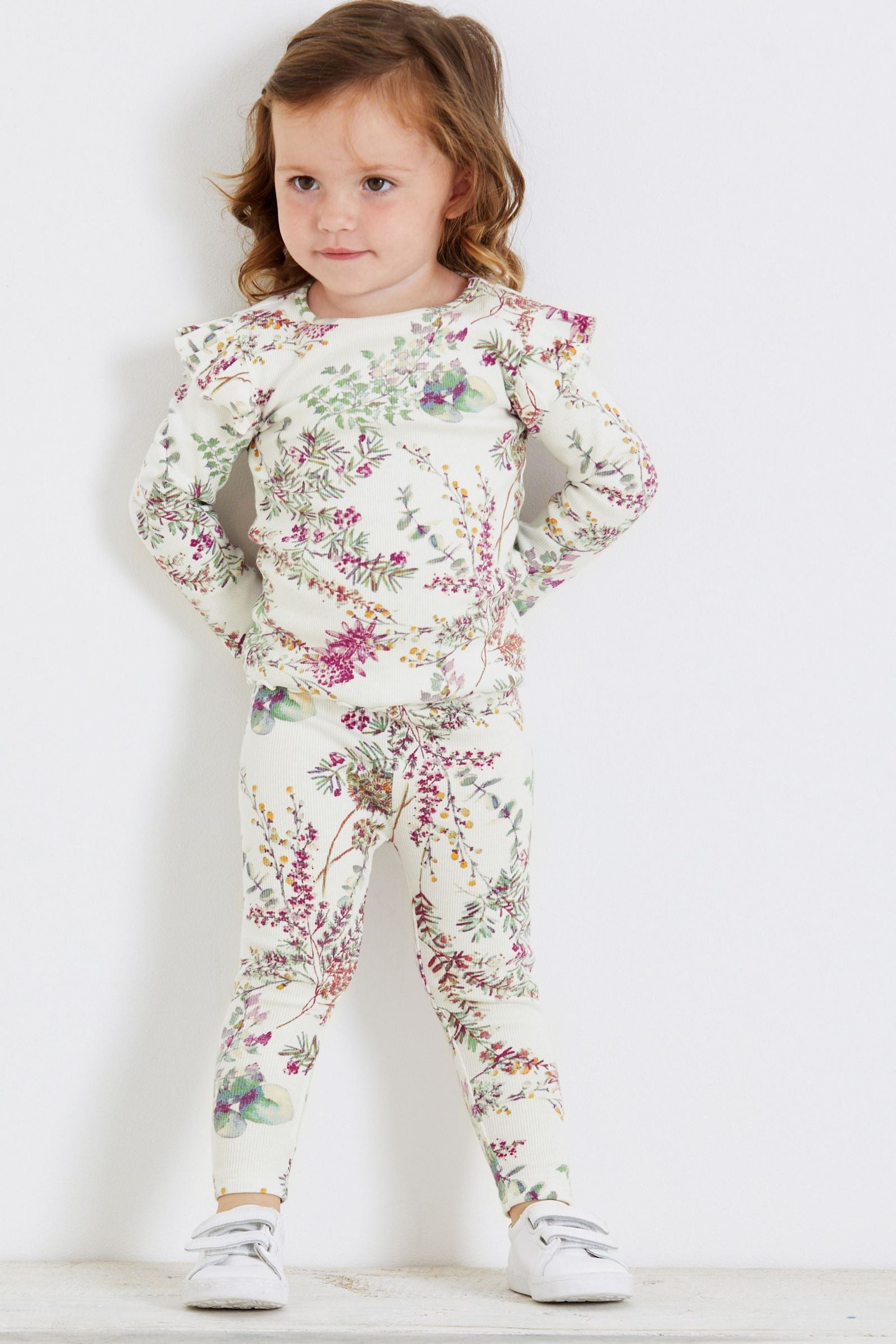 Cream Floral Long Sleeve Frill Rib Jersey Top (3mths-7yrs)