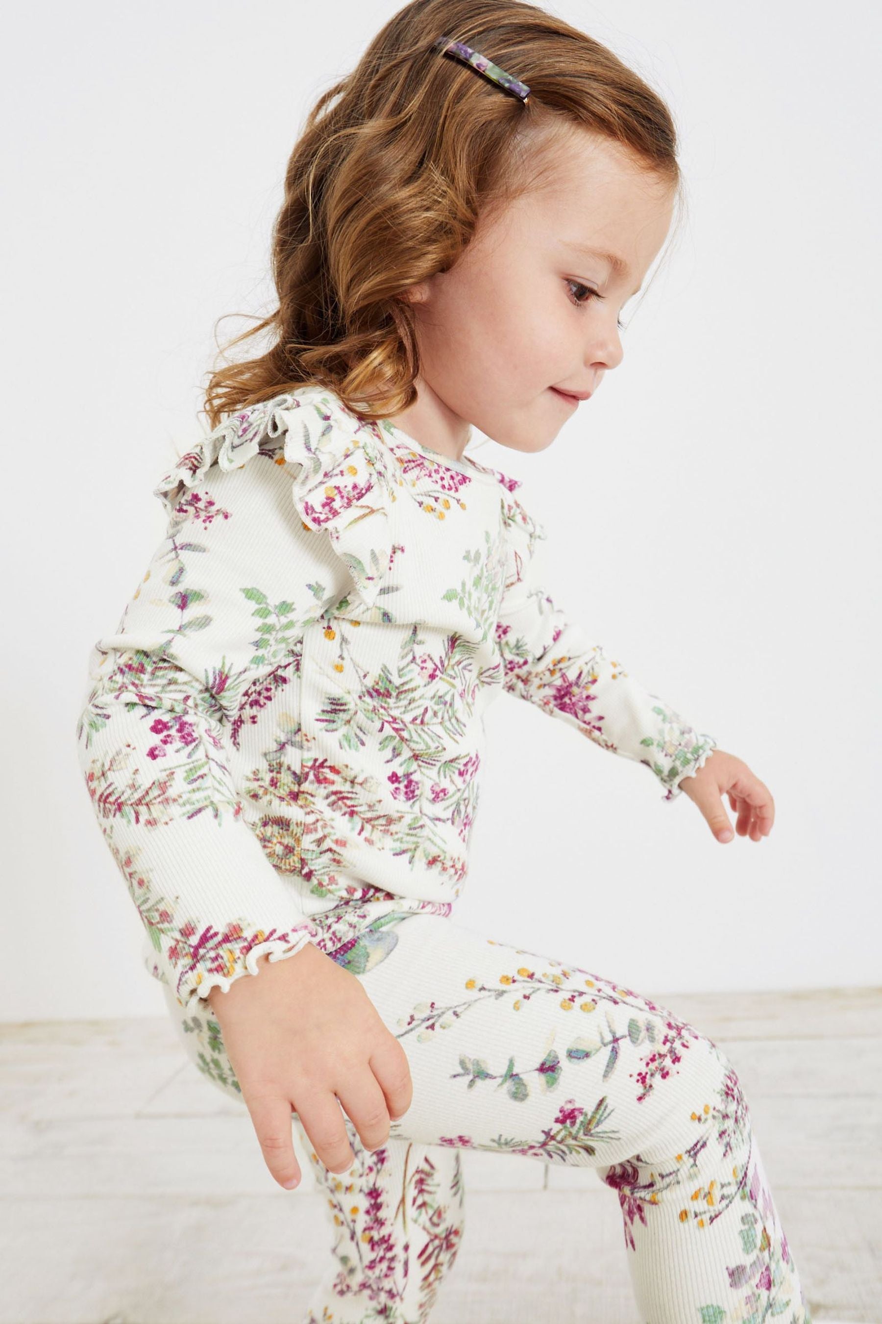 Cream Floral Long Sleeve Frill Rib Jersey Top (3mths-7yrs)