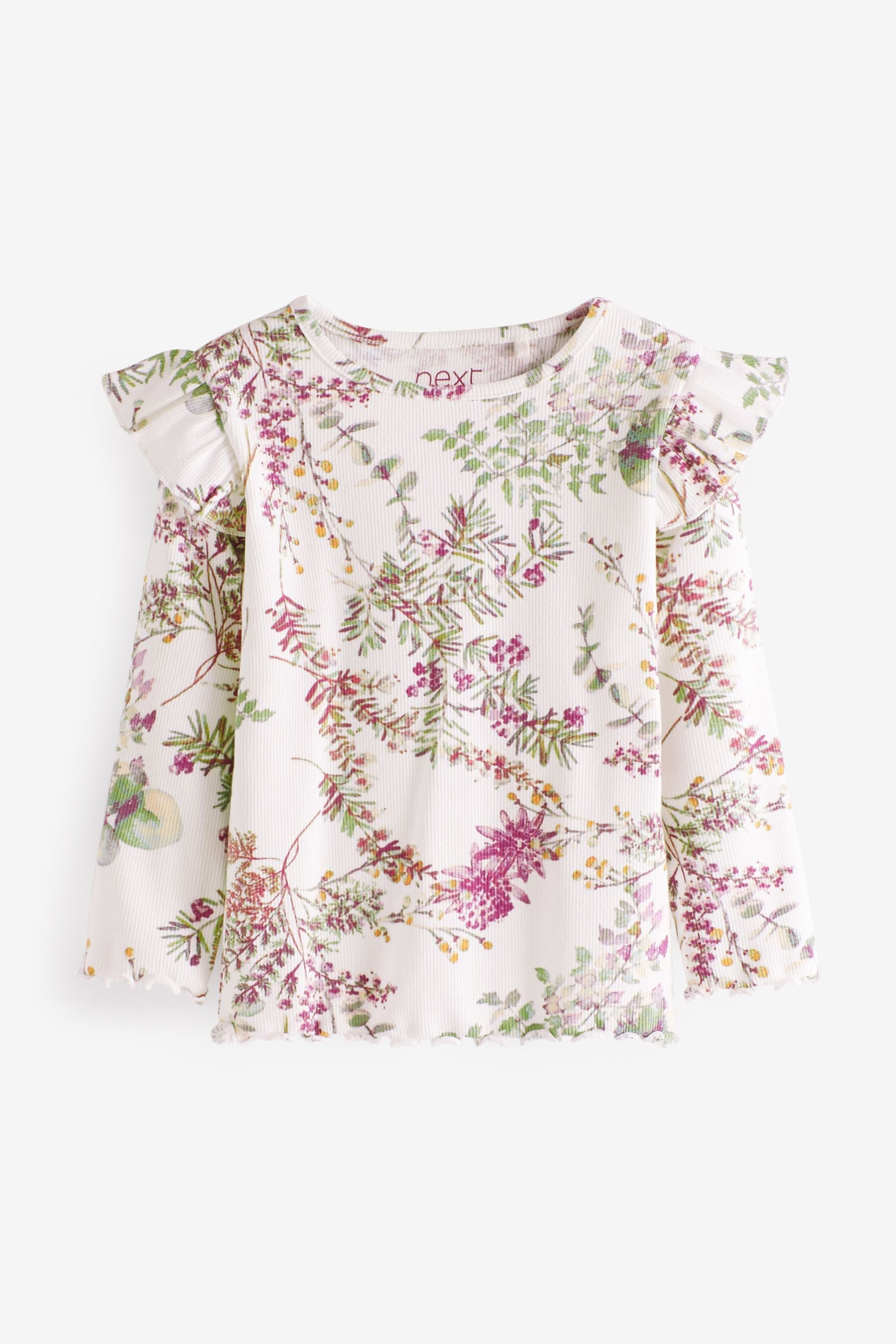 Cream Floral Long Sleeve Frill Rib Jersey Top (3mths-7yrs)