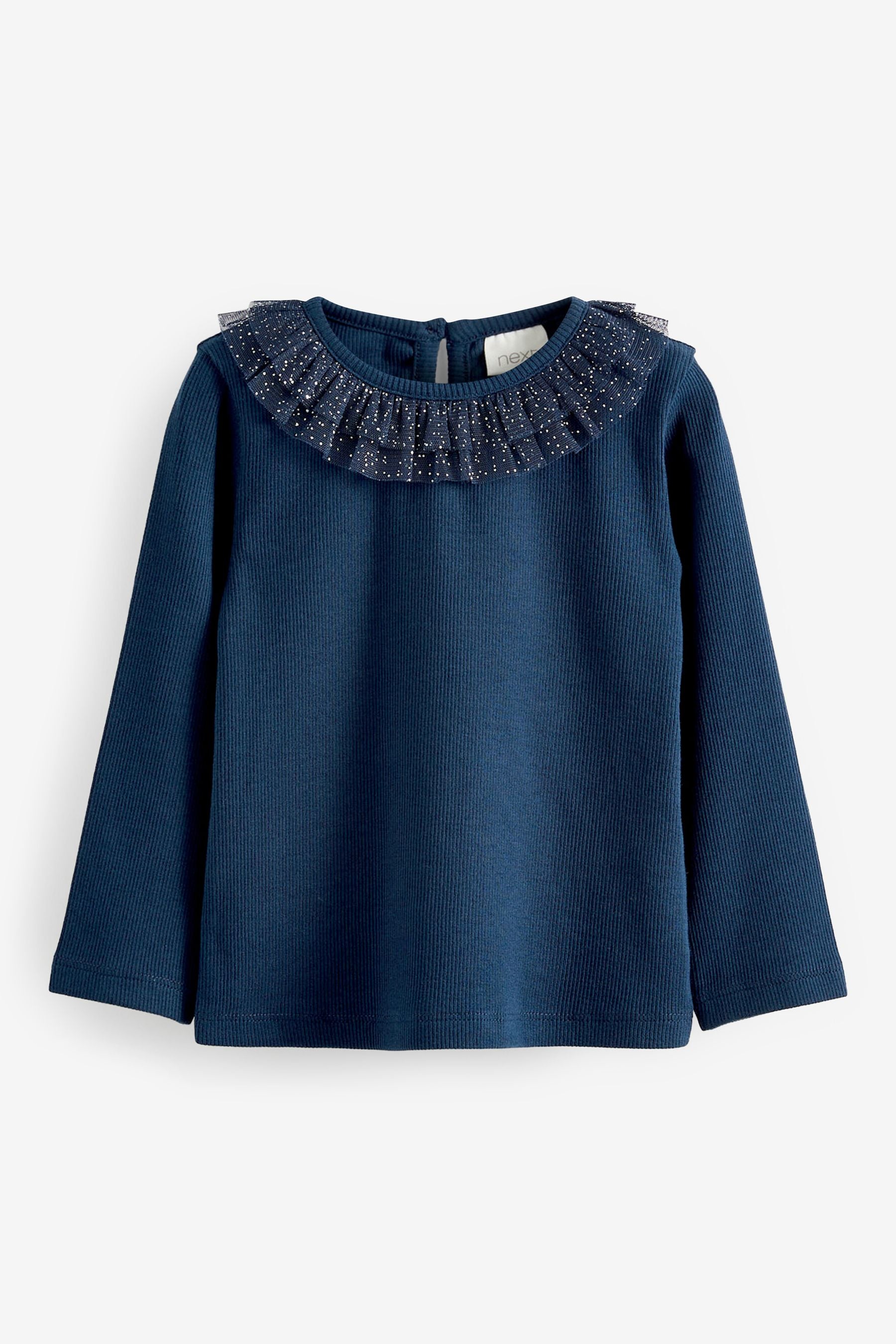 Navy Blue Long Sleeve Sparkle Collar Party Top (3mths-7yrs)