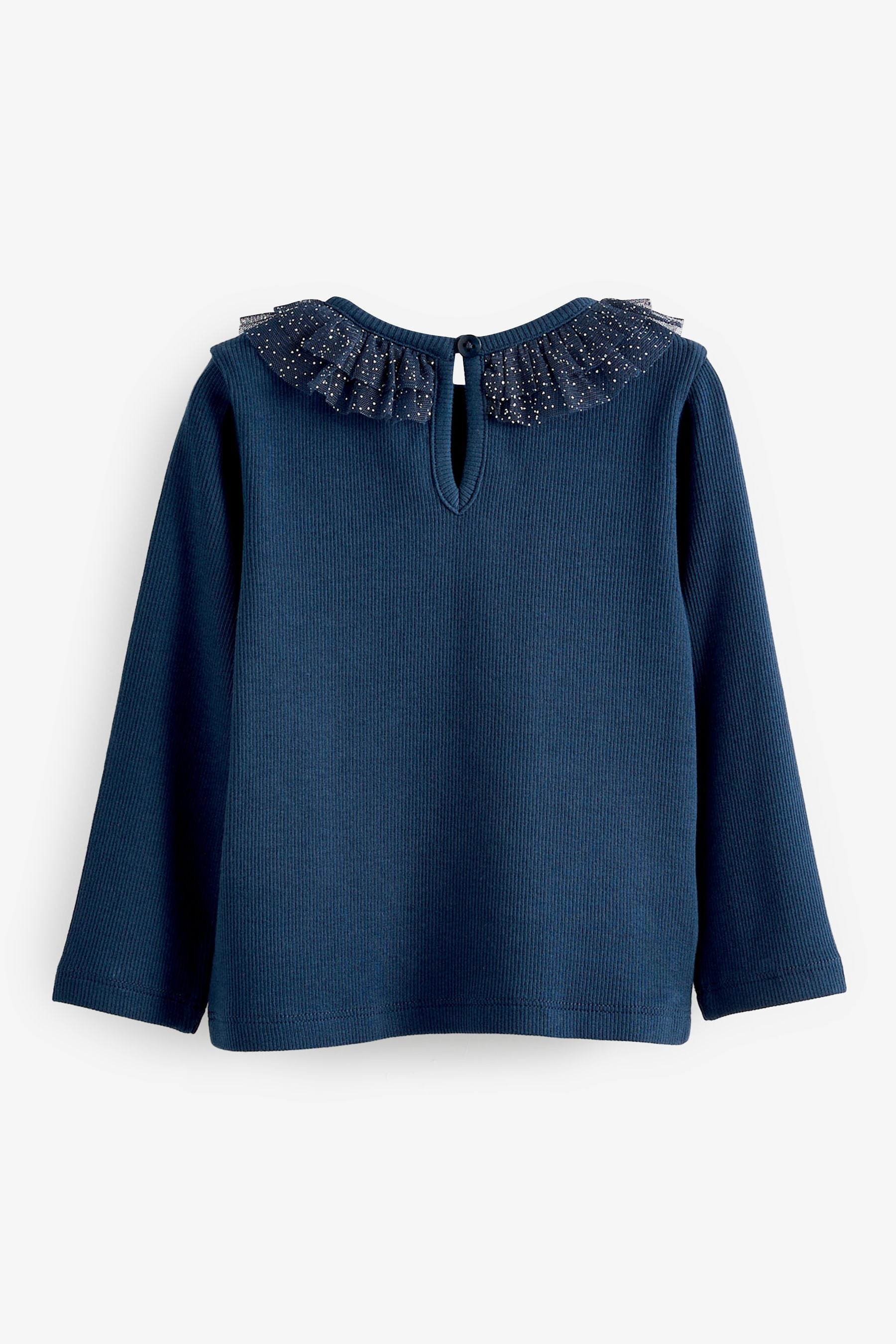 Navy Blue Long Sleeve Sparkle Collar Party Top (3mths-7yrs)