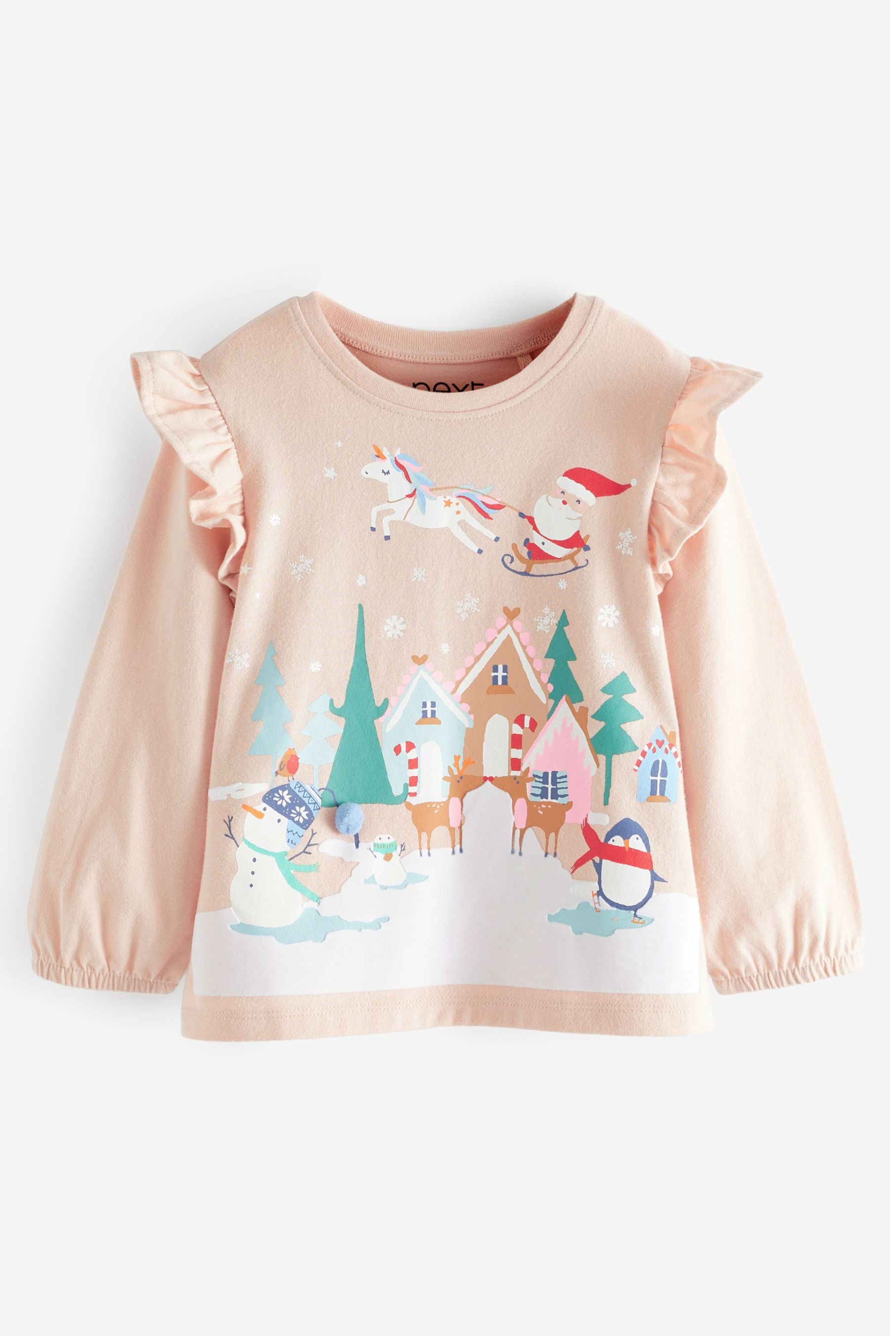 Pale Pink Christmas Long Sleeve Cotton T-Shirt (3mths-7yrs)