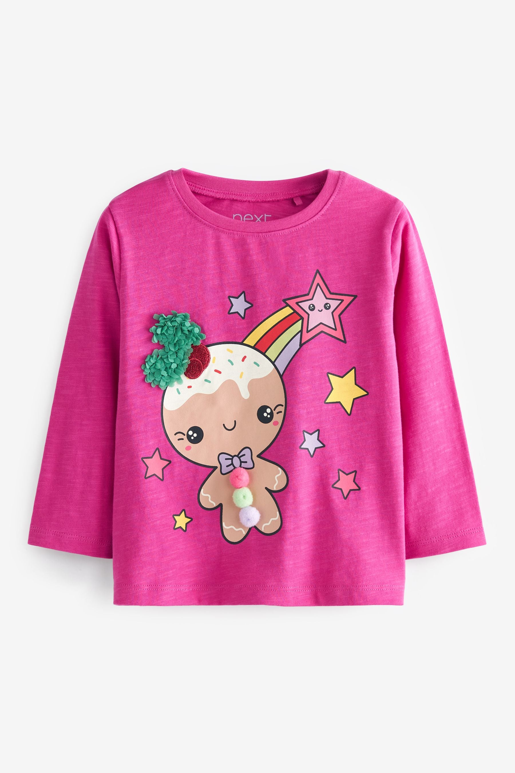 Bright Pink Gingerbread Man Long Sleeve Cotton T-Shirt (3mths-7yrs)