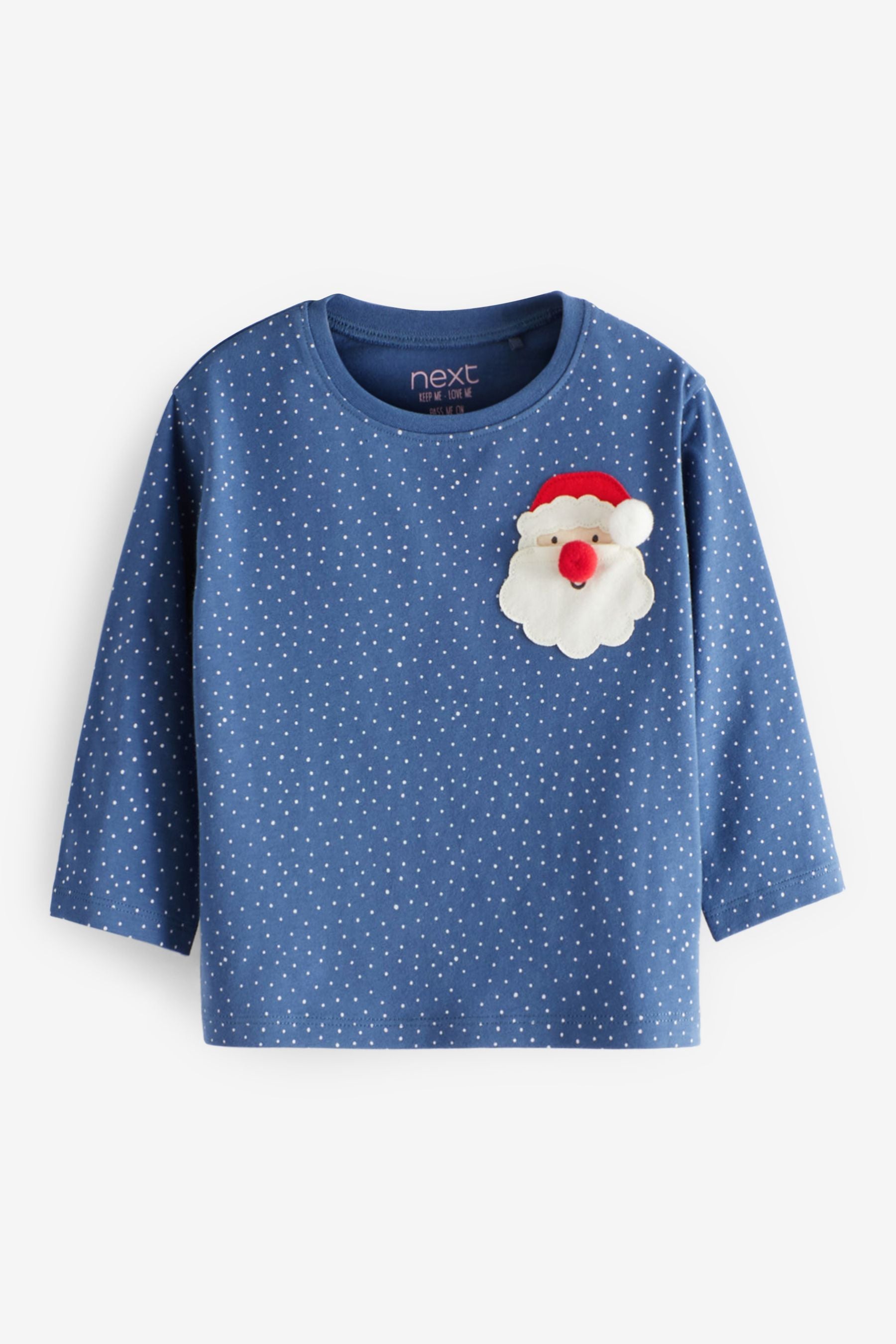 Navy Blue Santa Pocket Long Sleeve Cotton T-Shirt (3mths-7yrs)