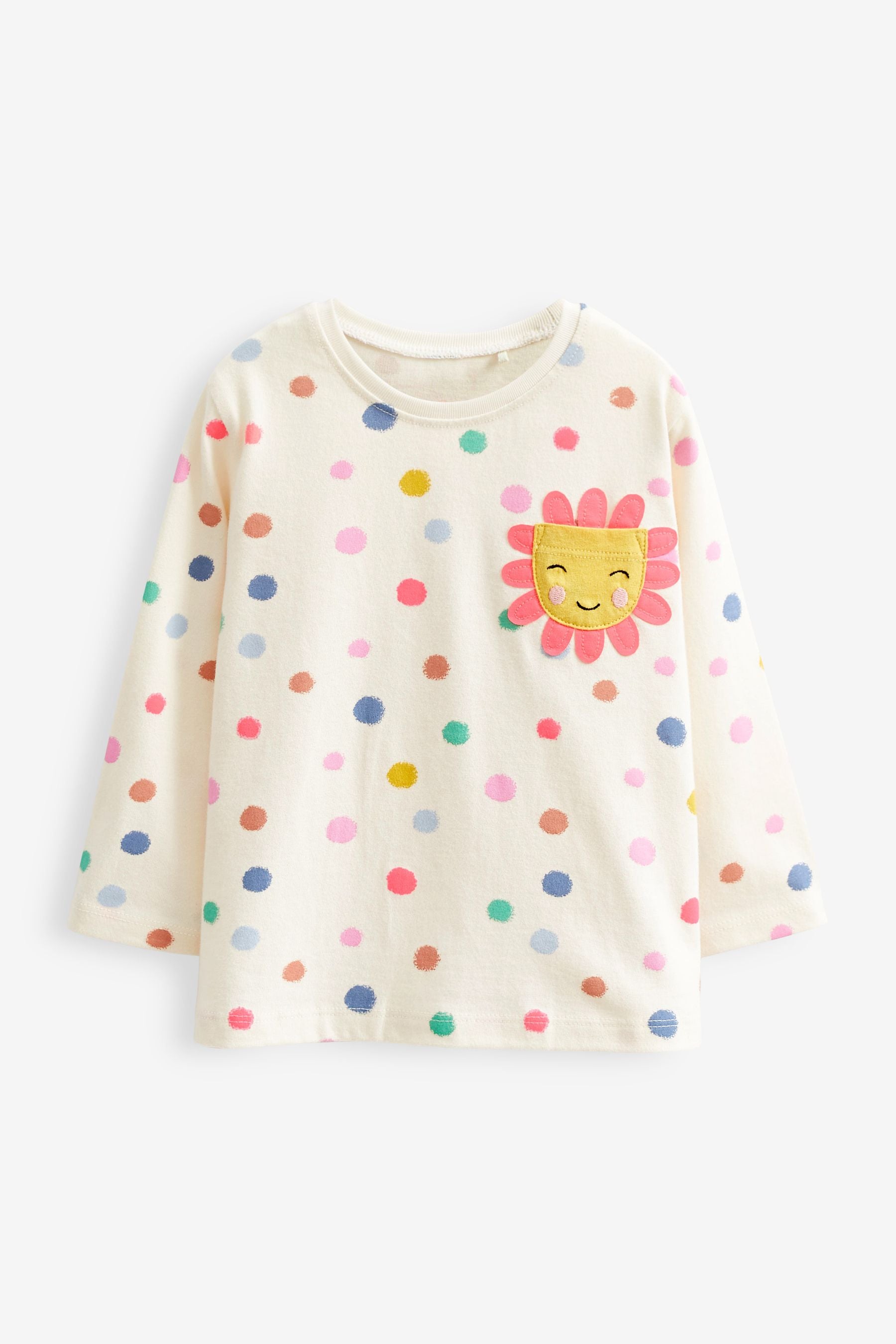 Multi Spot Flower Pocket Long Sleeve Cotton T-Shirt (3mths-7yrs)