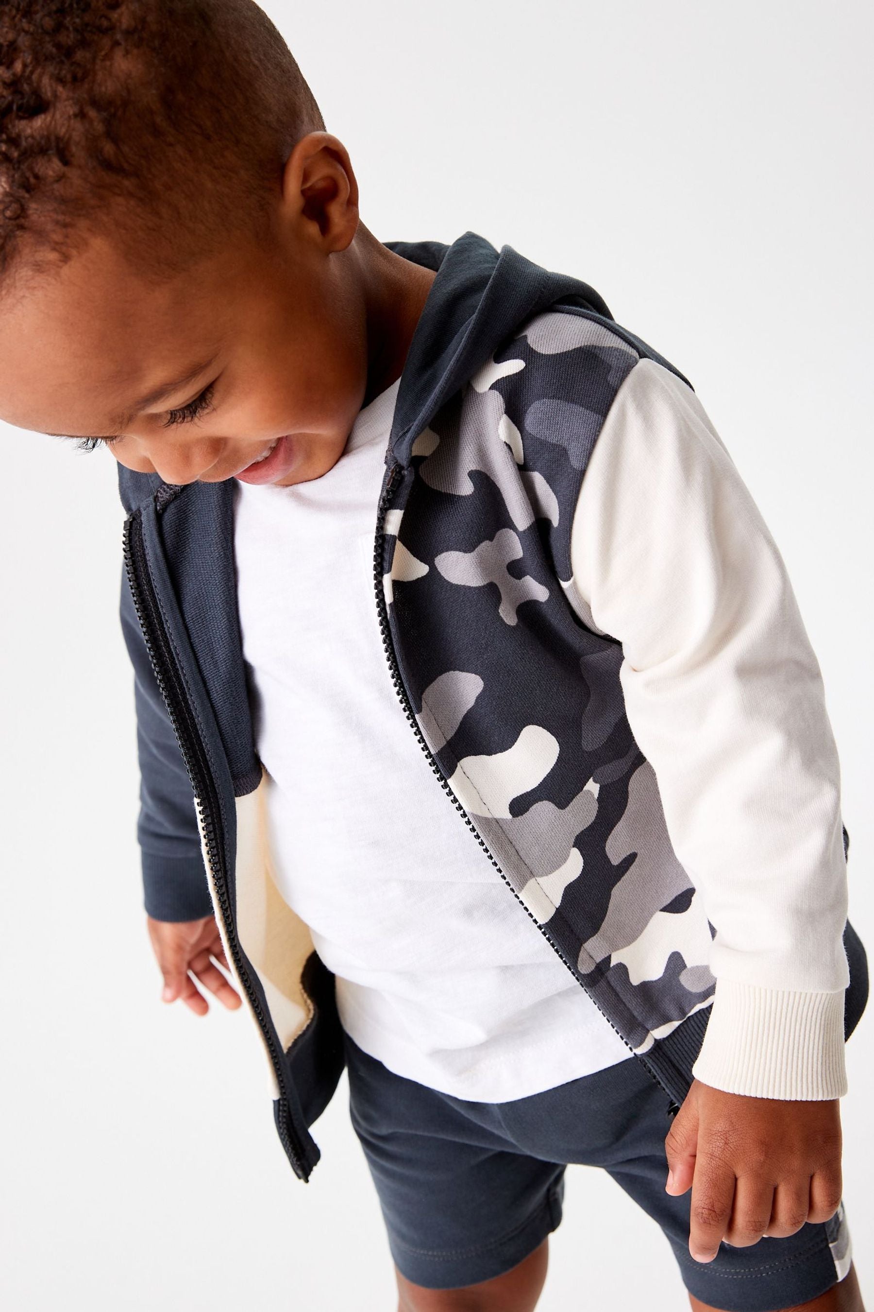 Monochrome Camouflage Colourblock Zip Through Hoodie and Shorts (3mths-7yrs)