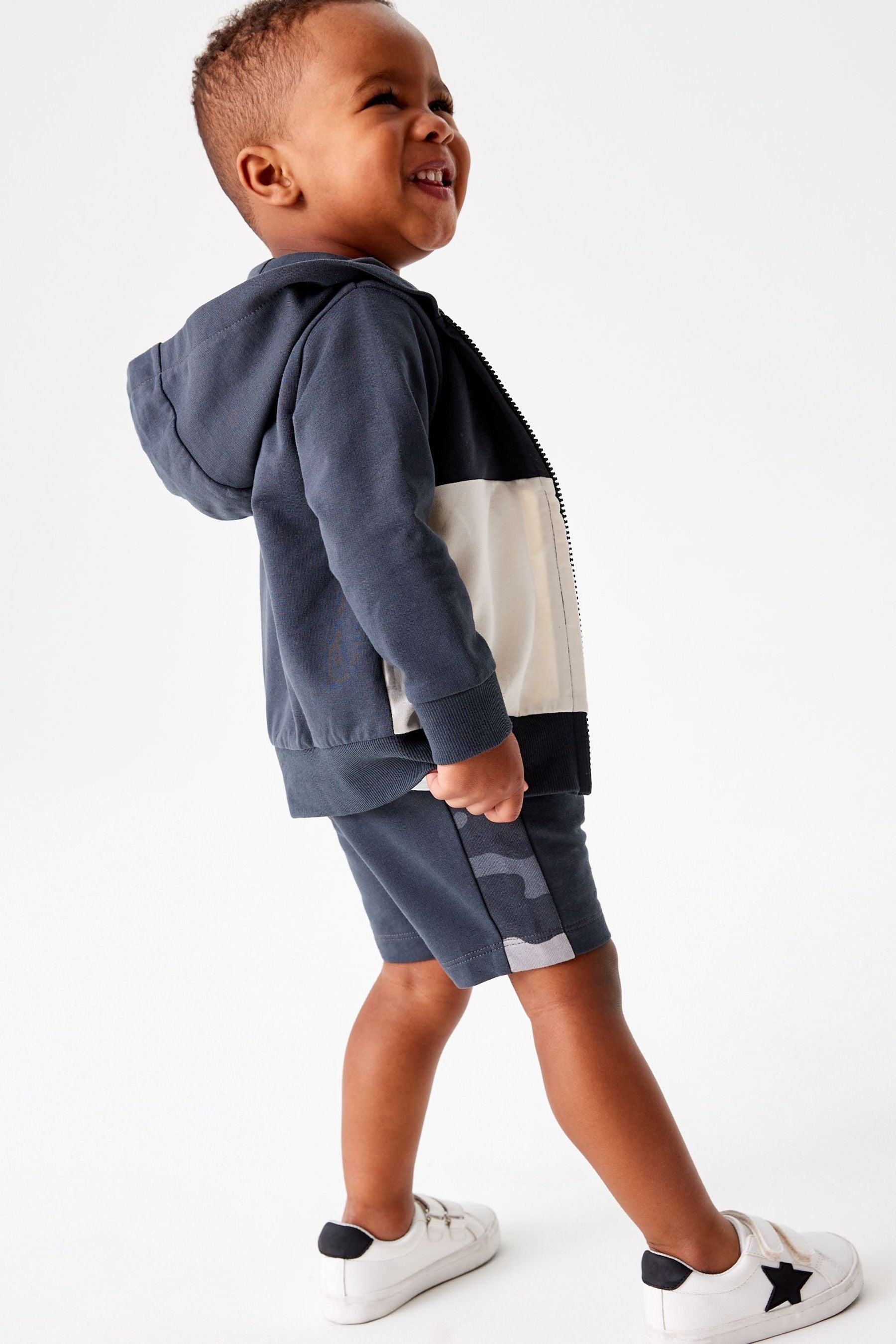 Monochrome Camouflage Colourblock Zip Through Hoodie and Shorts (3mths-7yrs)