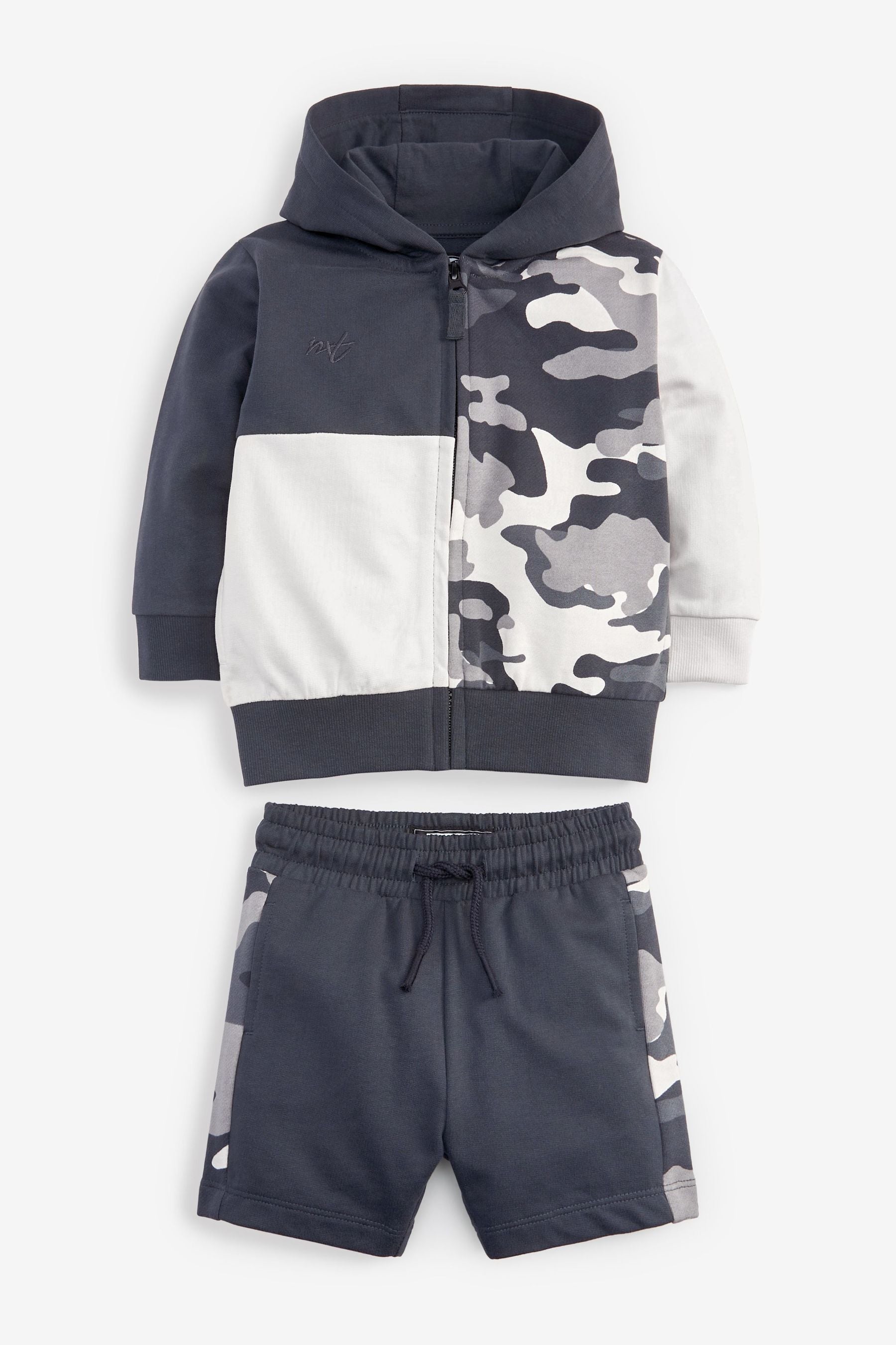 Monochrome Camouflage Colourblock Zip Through Hoodie and Shorts (3mths-7yrs)