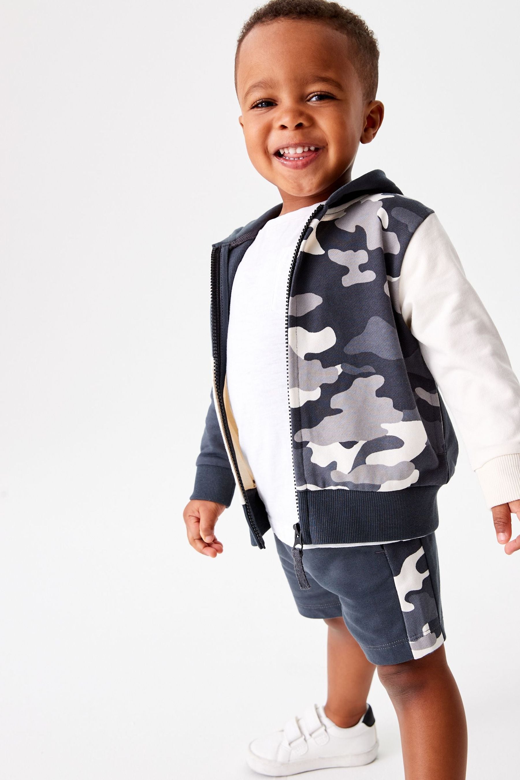 Monochrome Camouflage Colourblock Zip Through Hoodie and Shorts (3mths-7yrs)