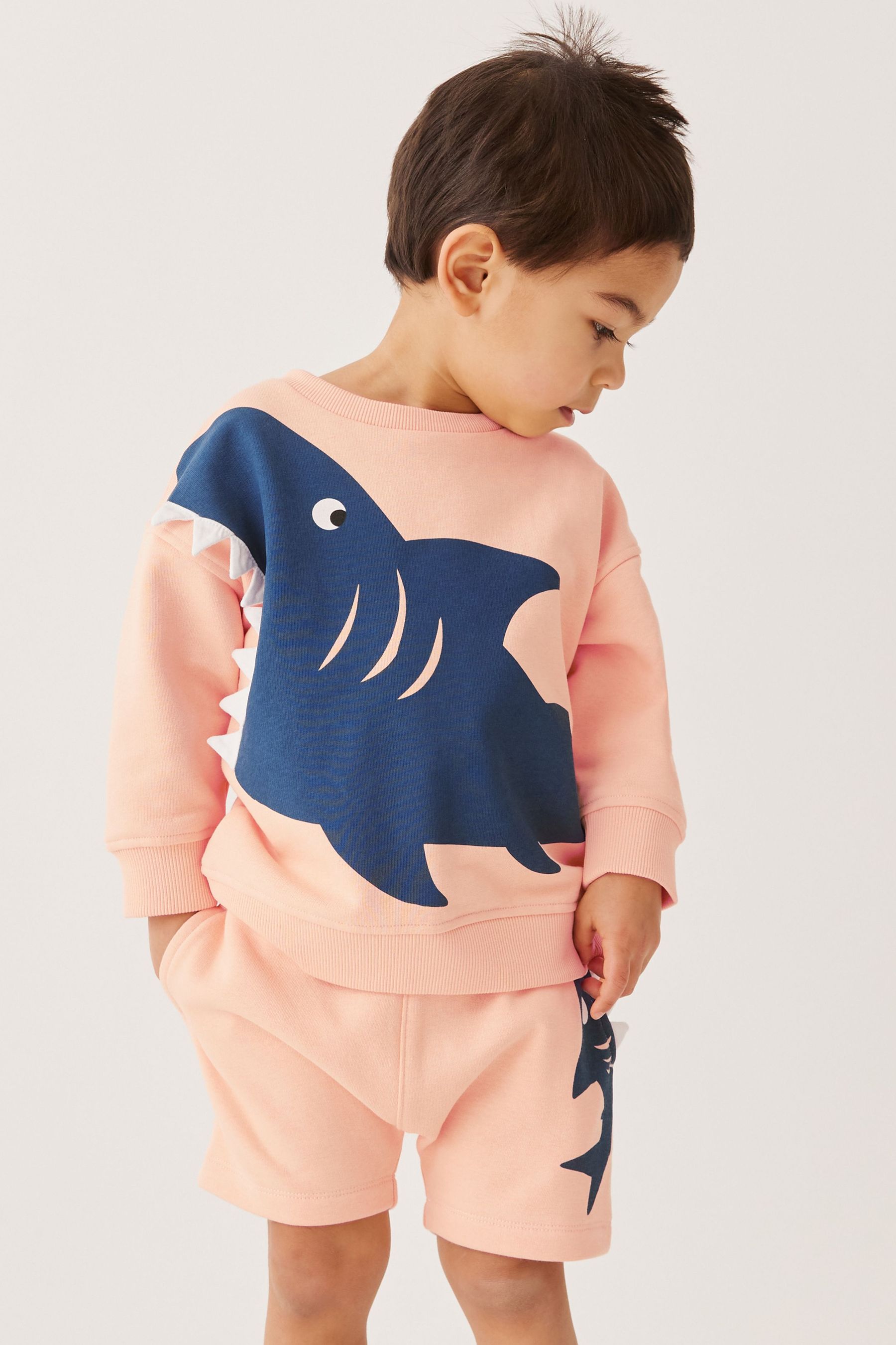 Peach Pink Shark Character Sweatshirt and Short Jersey Set (3mths-7yrs)