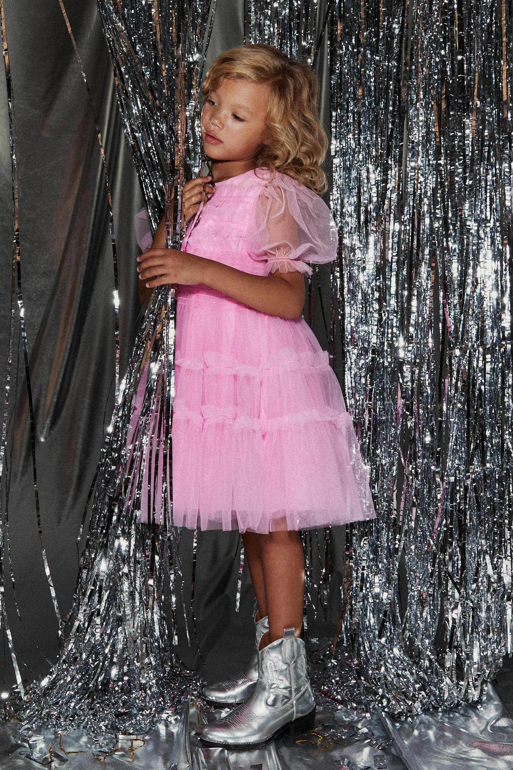 Pink Tulle Mesh Puff Sleeve Occasion Party Dress (3-16yrs)