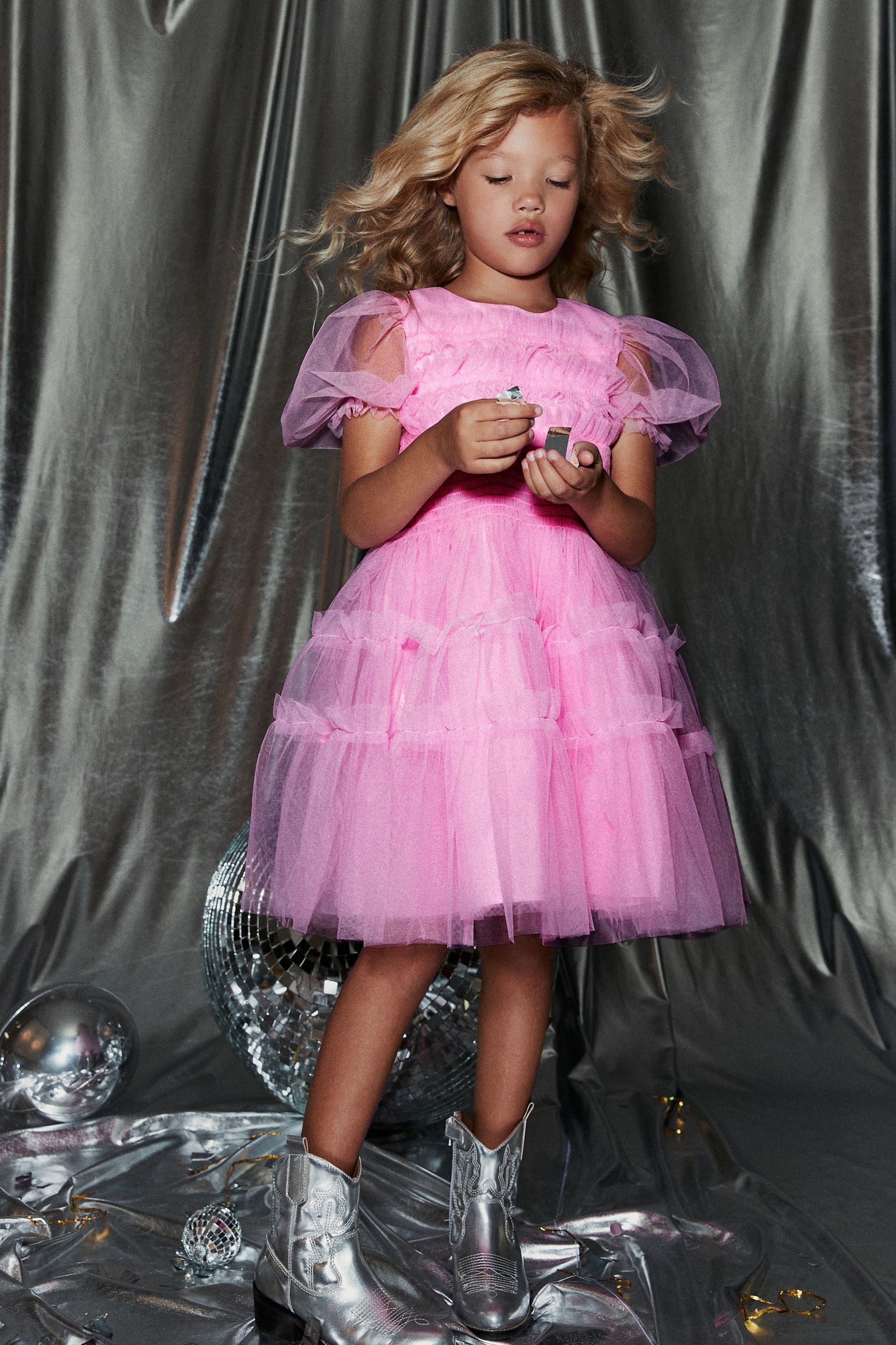 Pink Tulle Mesh Puff Sleeve Occasion Party Dress (3-16yrs)