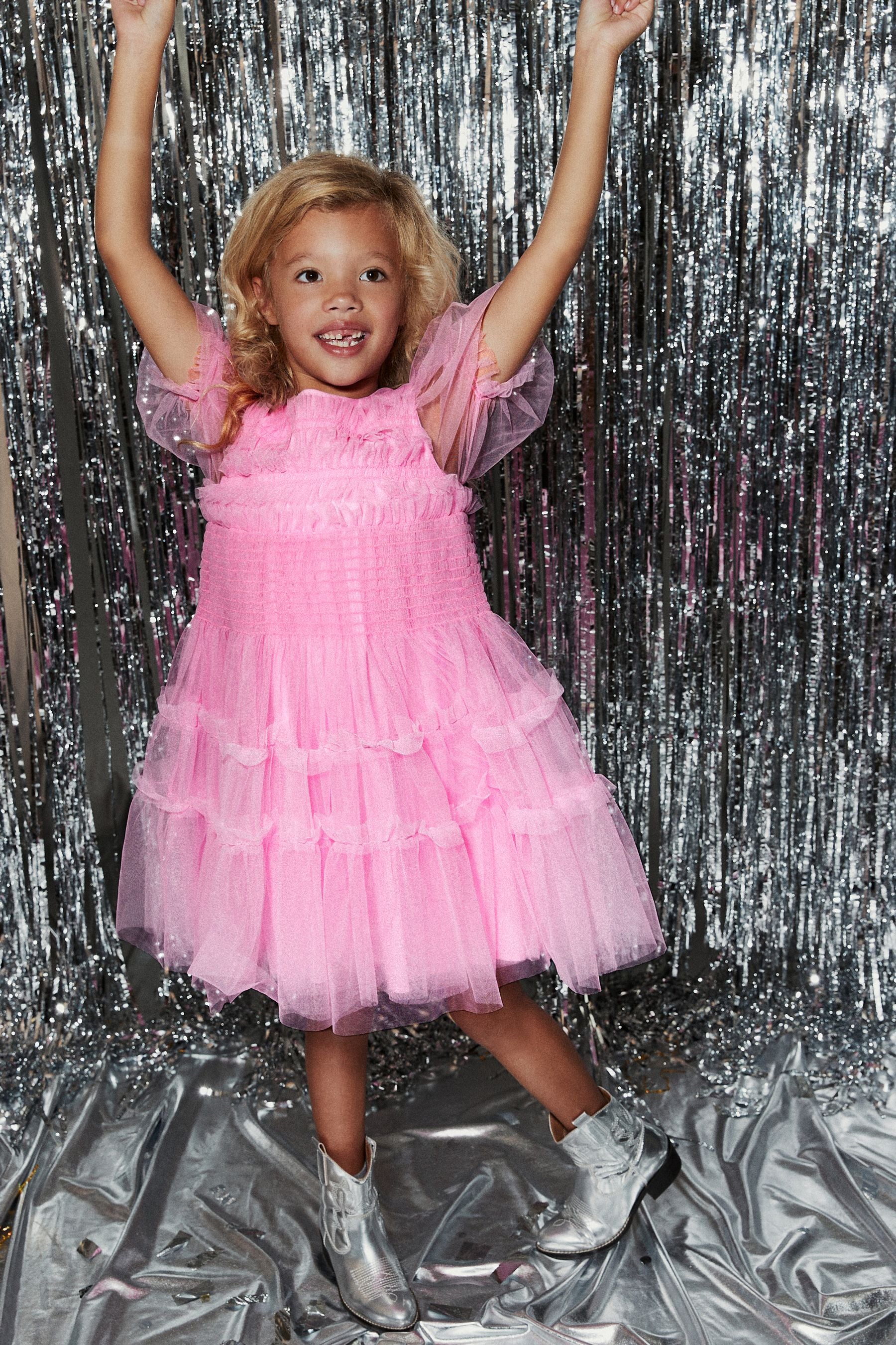 Pink Tulle Mesh Puff Sleeve Occasion Party Dress (3-16yrs)