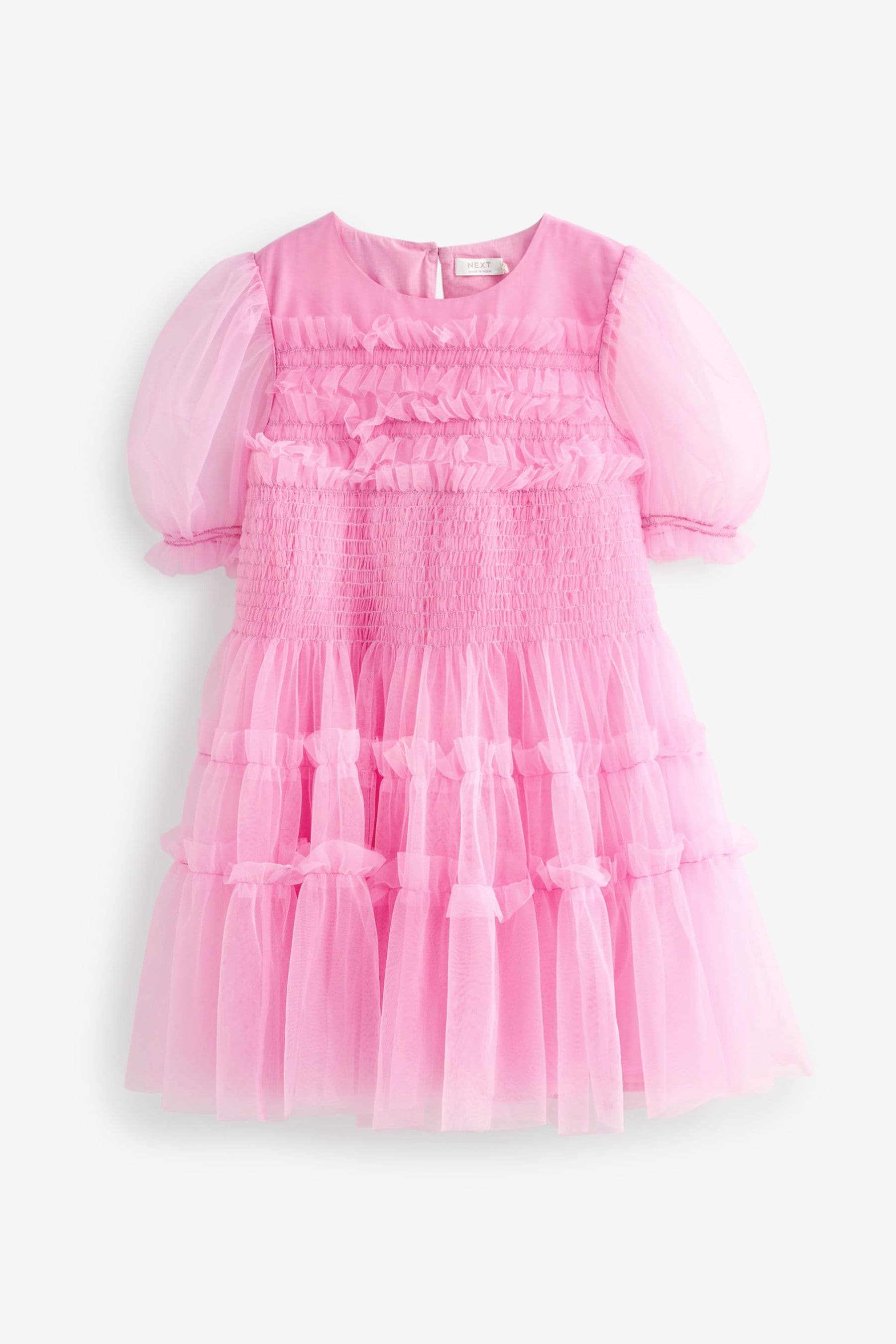 Pink Tulle Mesh Puff Sleeve Occasion Party Dress (3-16yrs)