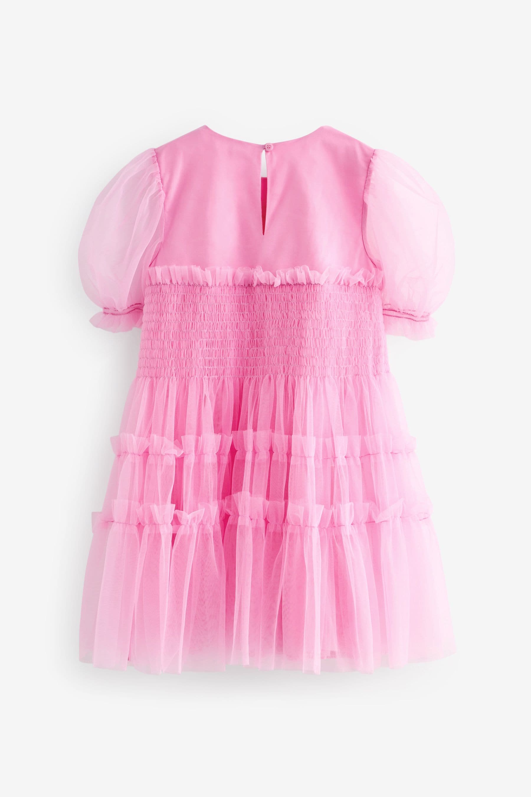 Pink Tulle Mesh Puff Sleeve Occasion Party Dress (3-16yrs)