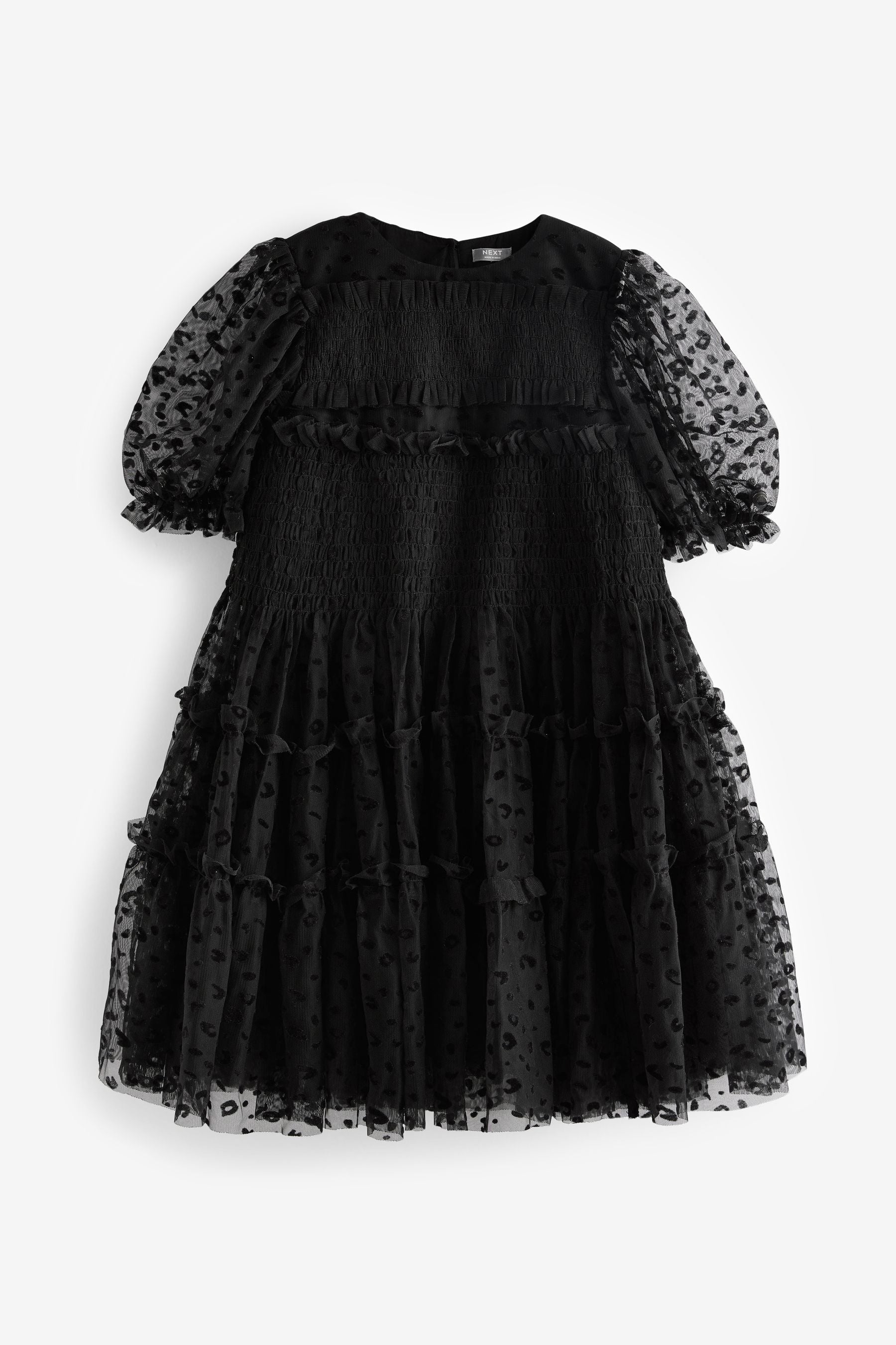 Black Animal Tulle Mesh Puff Sleeve Occasion Party Dress (3-16yrs)