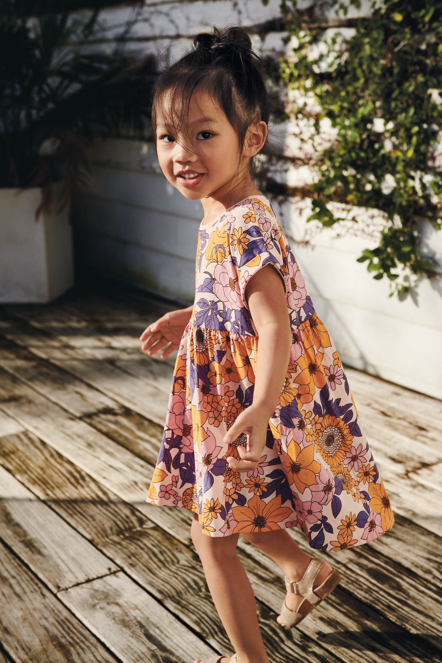 Orange Retro Floral Short Sleeve Jersey Dress (3mths-7yrs)