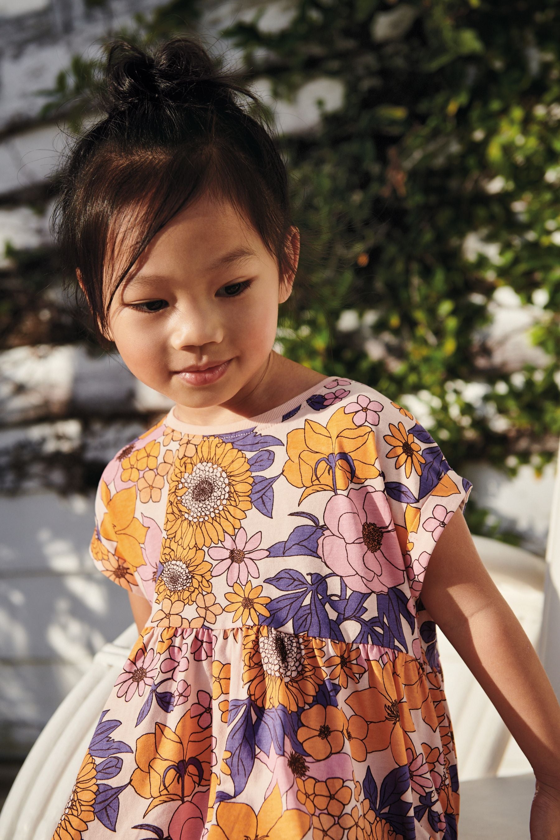 Orange Retro Floral Short Sleeve Jersey Dress (3mths-7yrs)