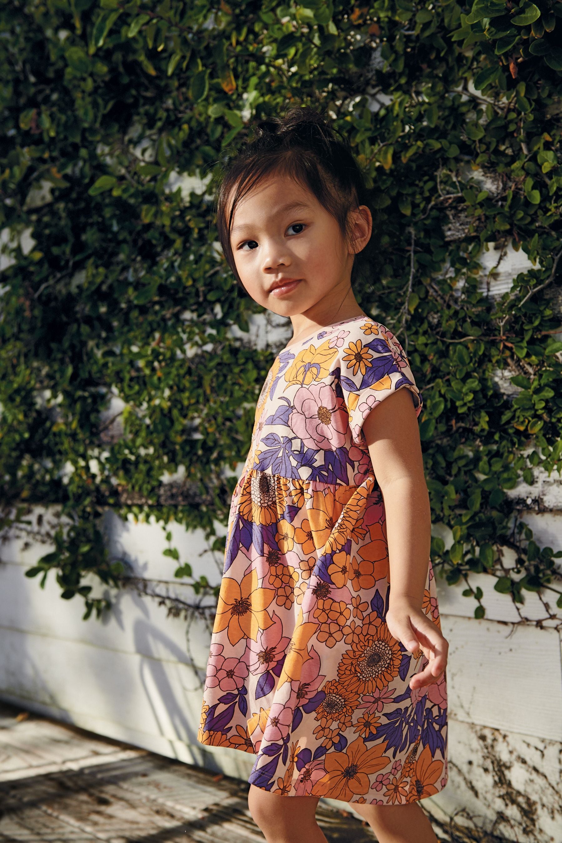 Orange Retro Floral Short Sleeve Jersey Dress (3mths-7yrs)