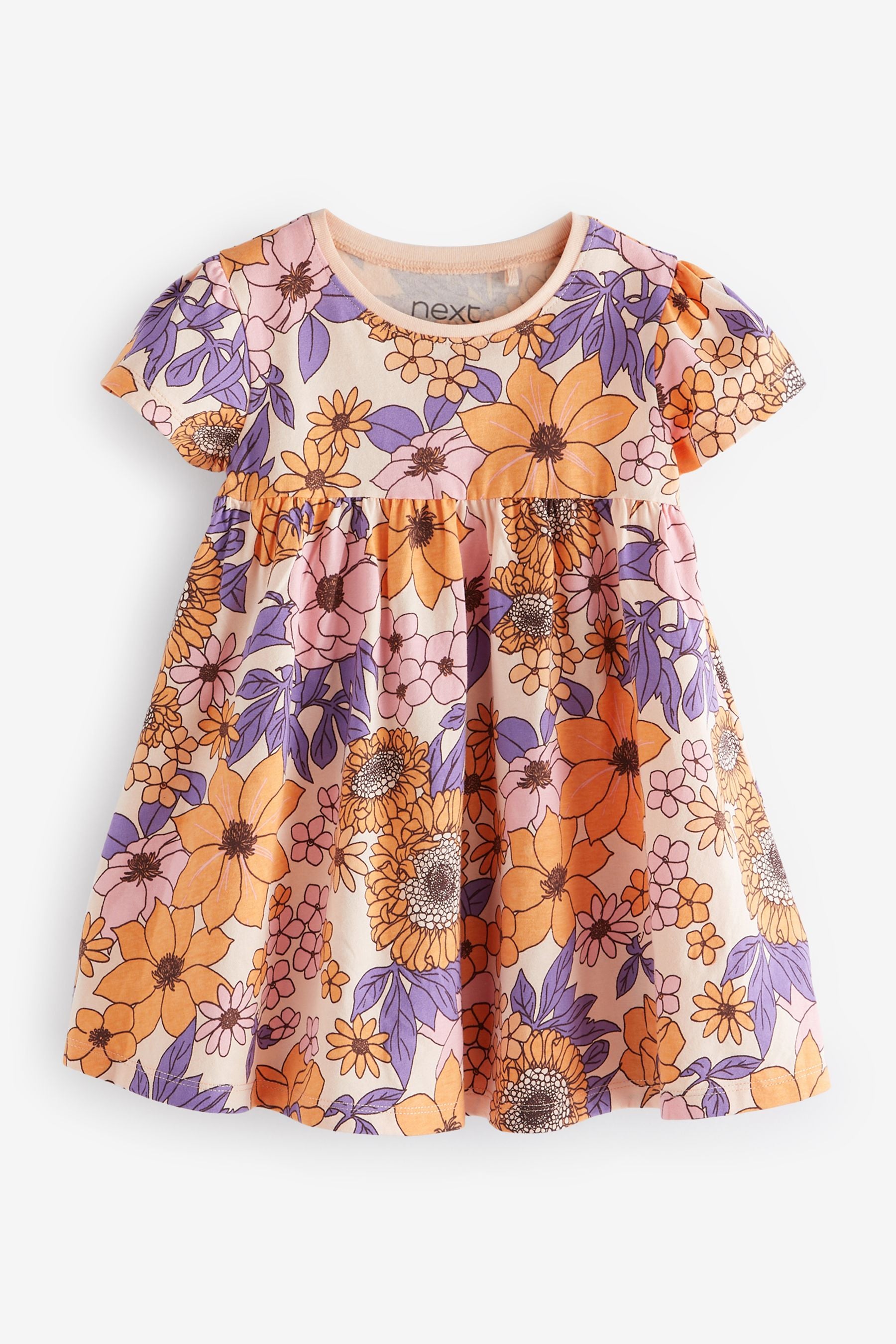 Orange Retro Floral Short Sleeve Jersey Dress (3mths-7yrs)