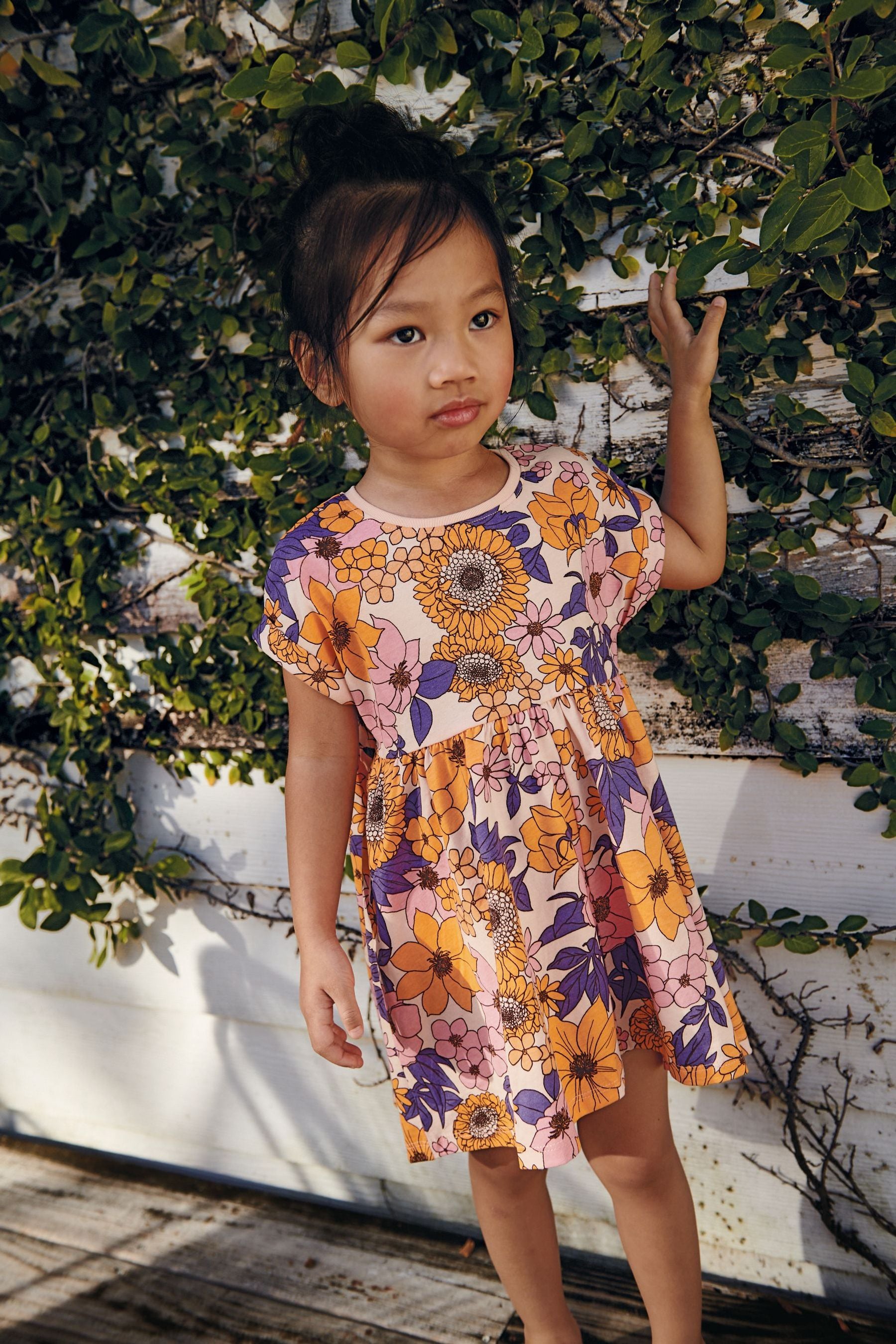 Orange Retro Floral Short Sleeve Jersey Dress (3mths-7yrs)