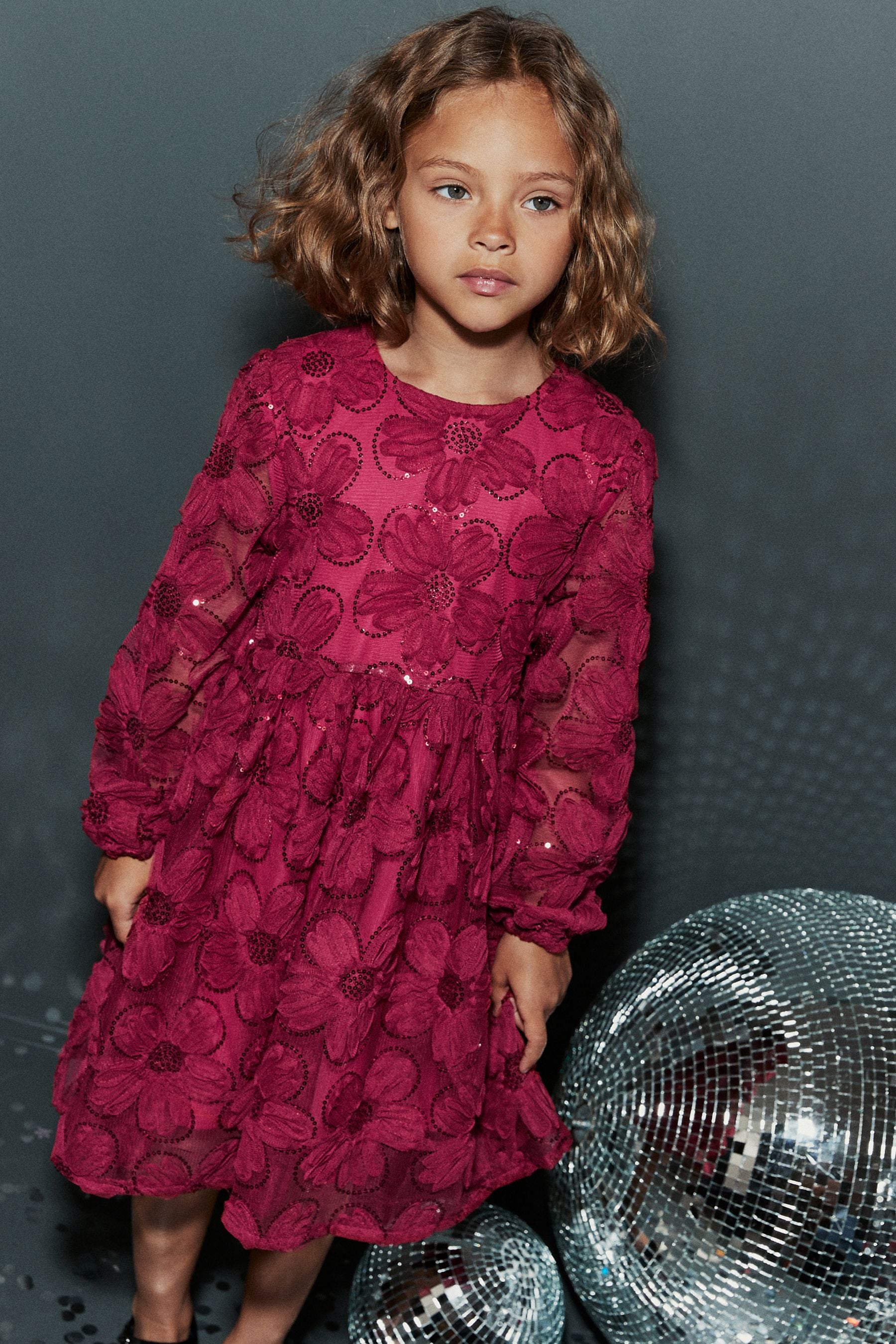 Red Flower 3D Floral Mesh Sequin Long Sleeve Party Dress (3-16yrs)