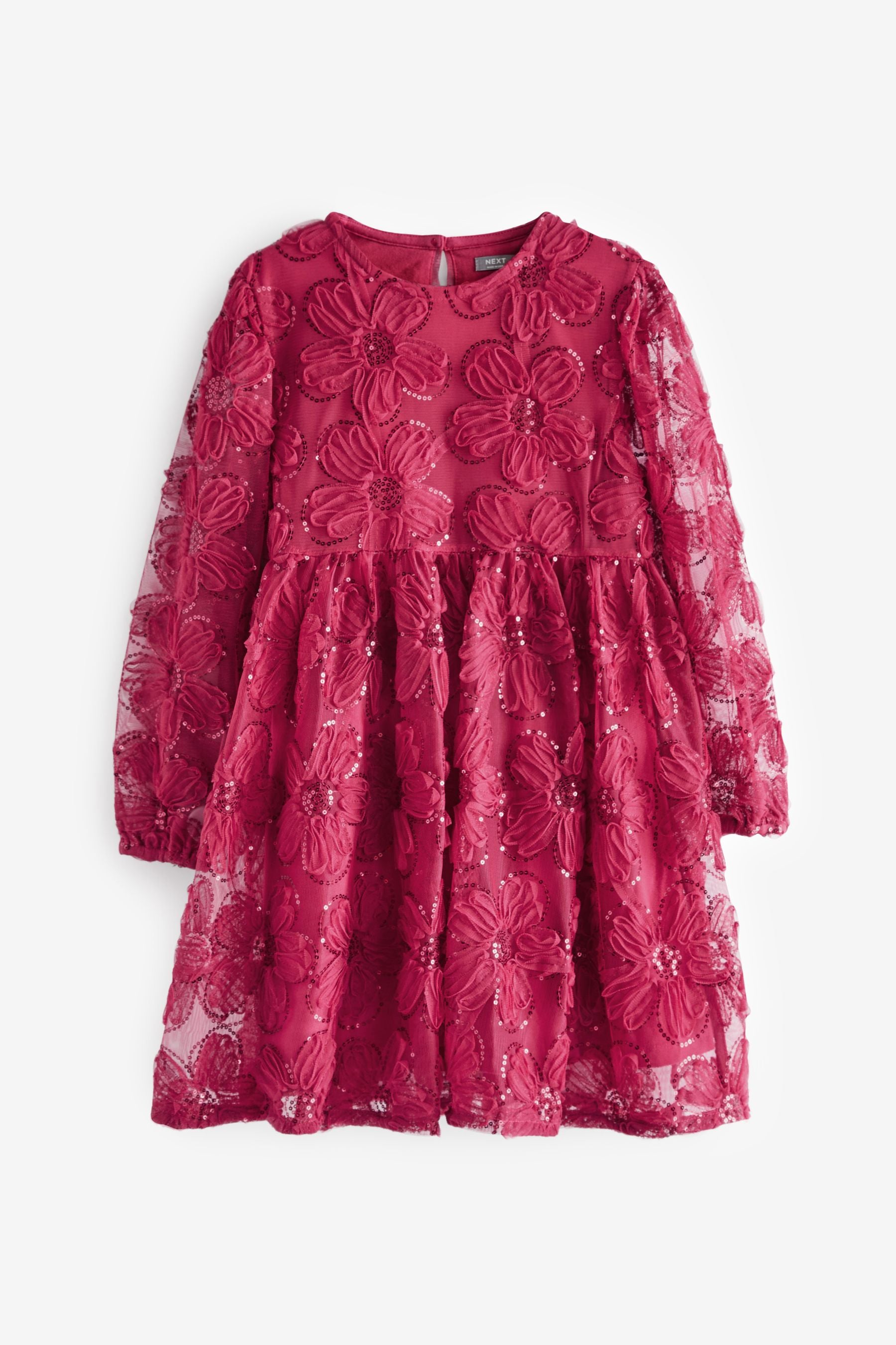 Red Flower 3D Floral Mesh Sequin Long Sleeve Party Dress (3-16yrs)