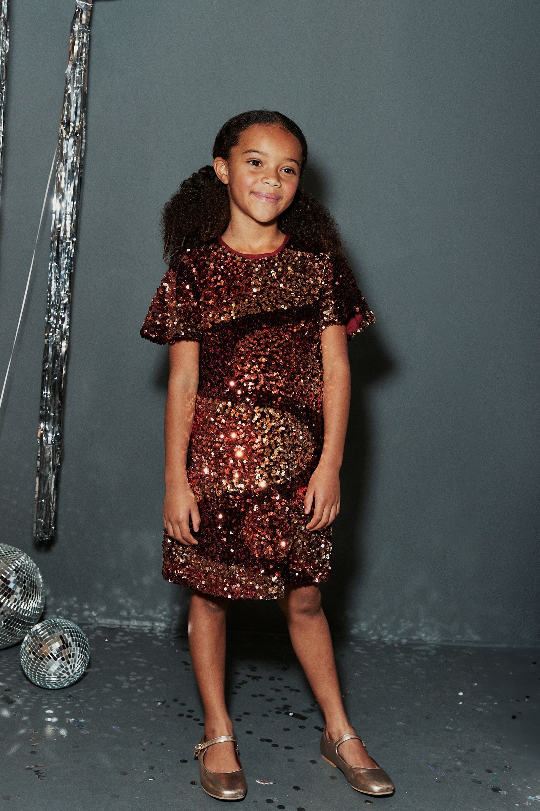 Bronze/Gold Metallic Swirl Velour Sequin Party Dress (3-16yrs)