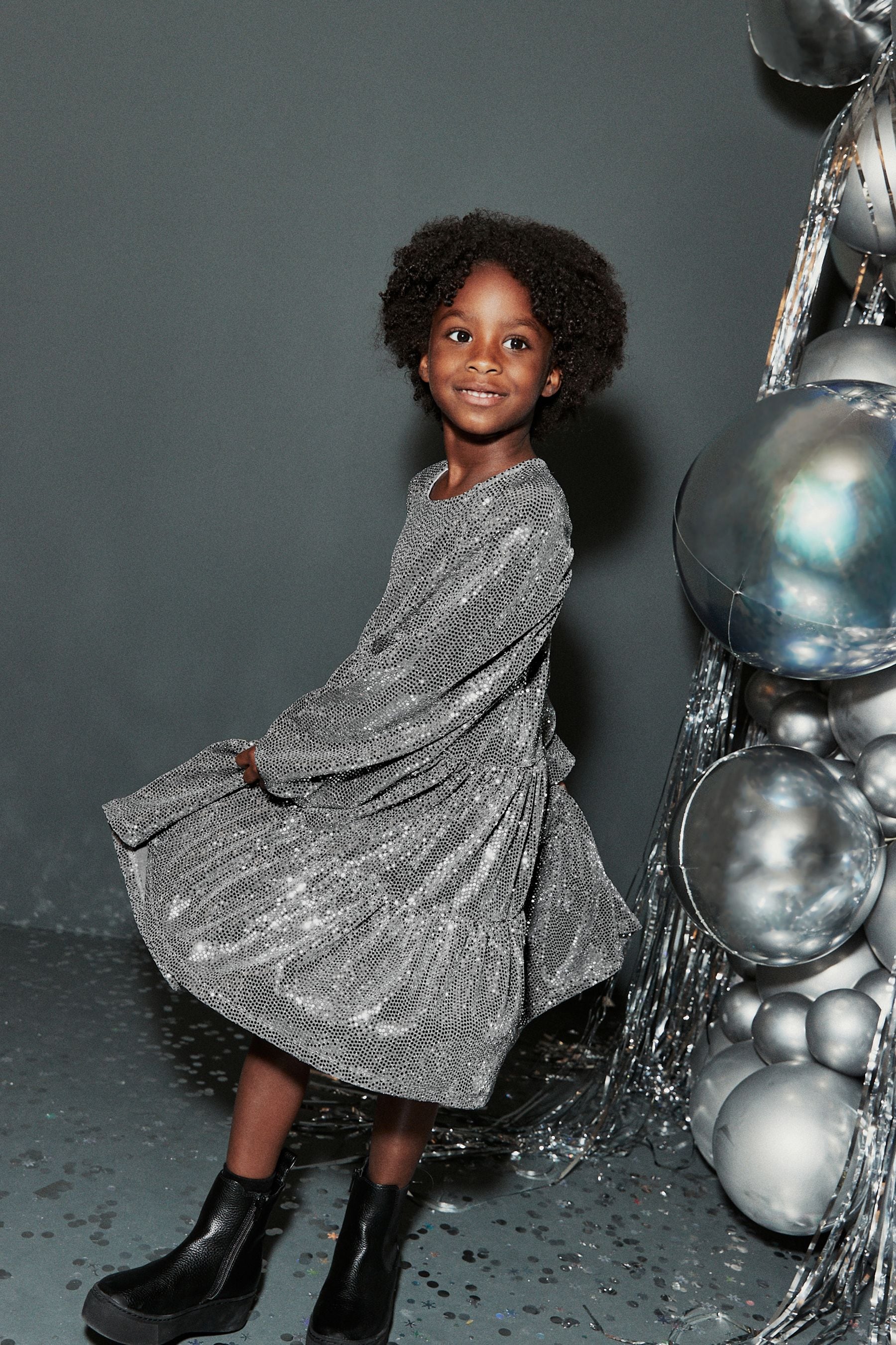 Silver Metallic Long Sleeve Sequin Dress (3-16yrs)