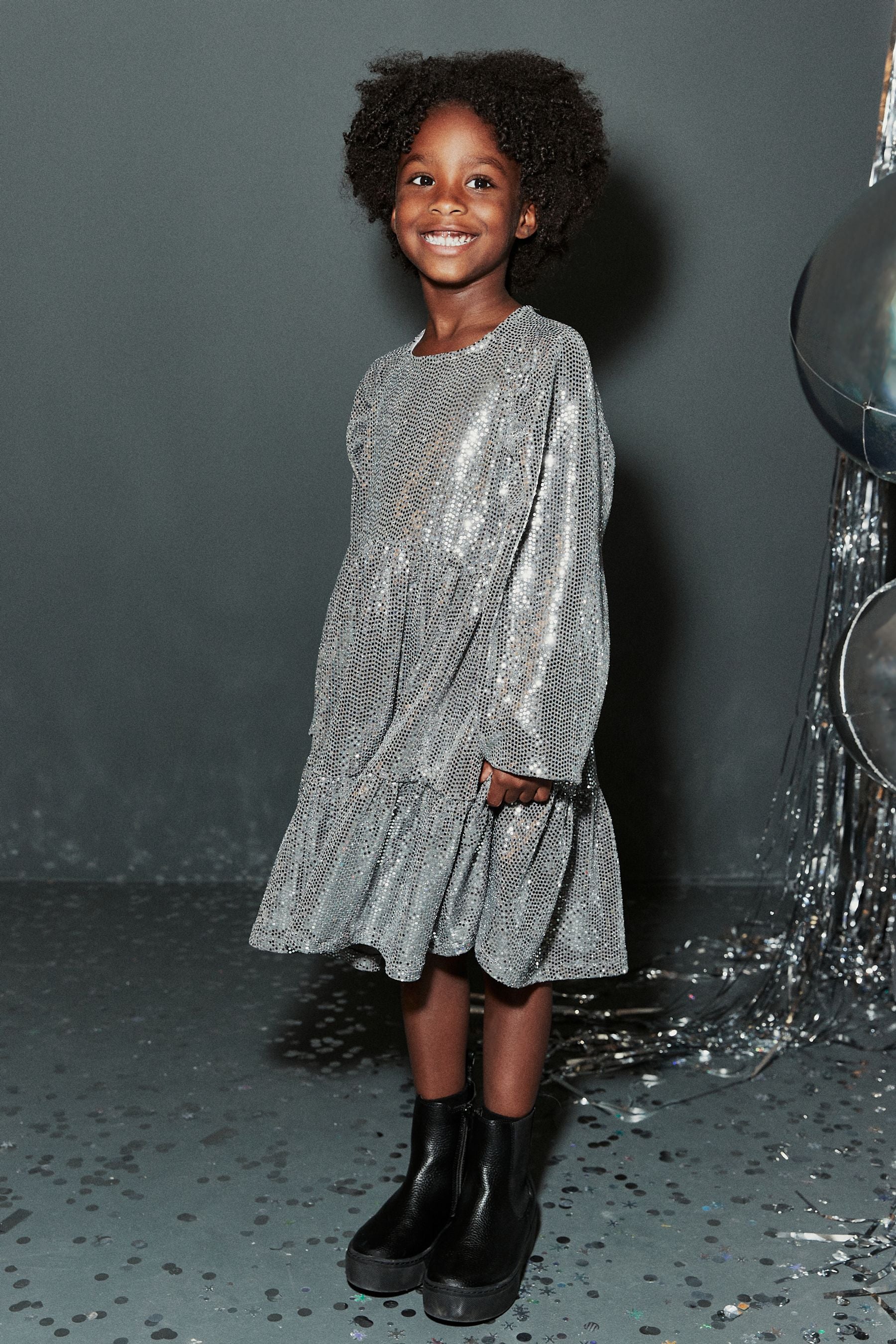 Silver Metallic Long Sleeve Sequin Dress (3-16yrs)