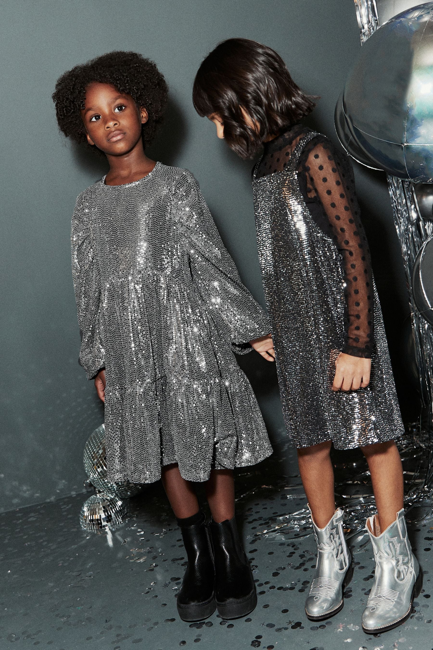 Silver Metallic Long Sleeve Sequin Dress (3-16yrs)