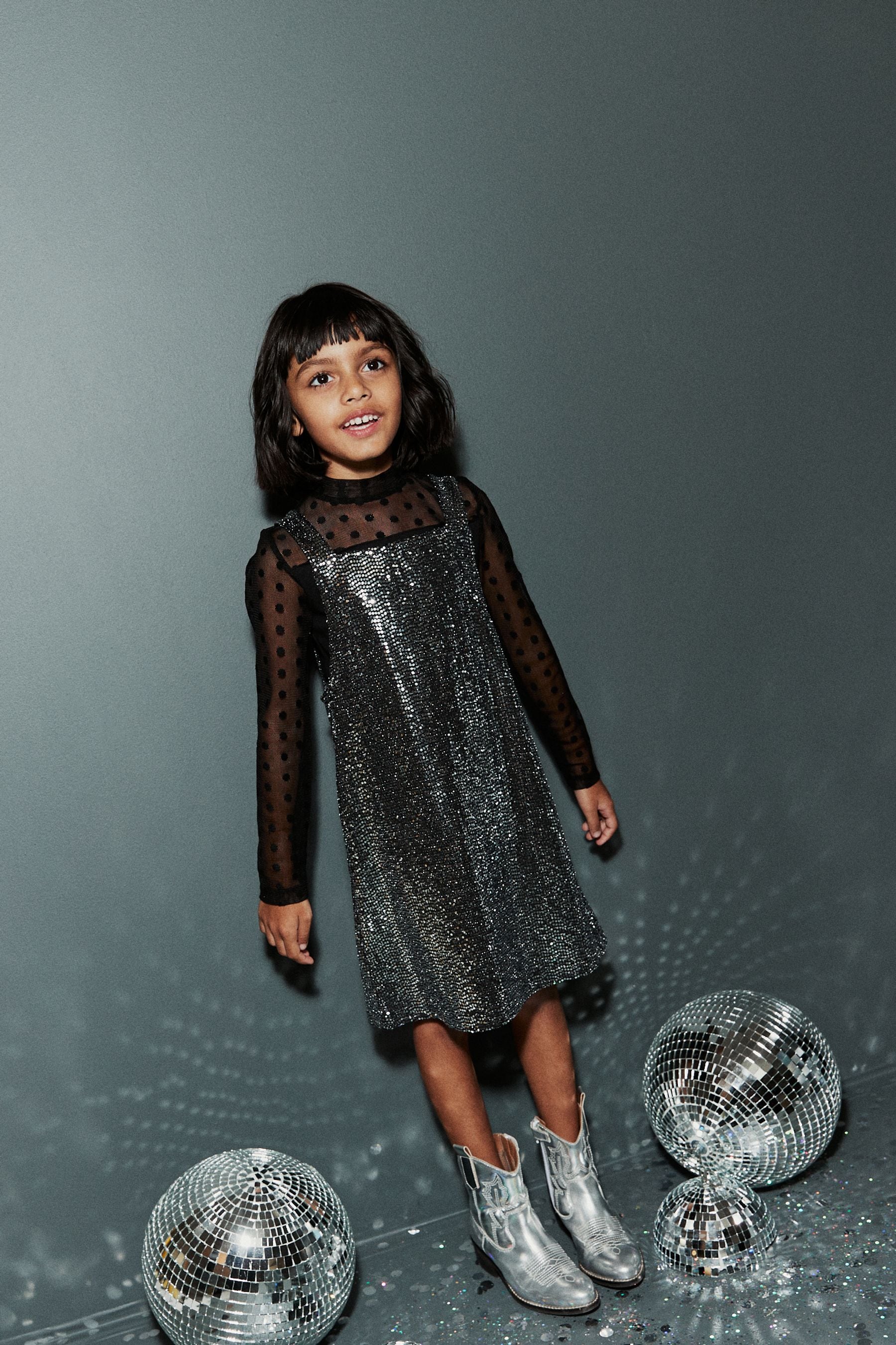 Black 2-In-1 Mesh Top And Silver Sequin Party Dress (3-16yrs)