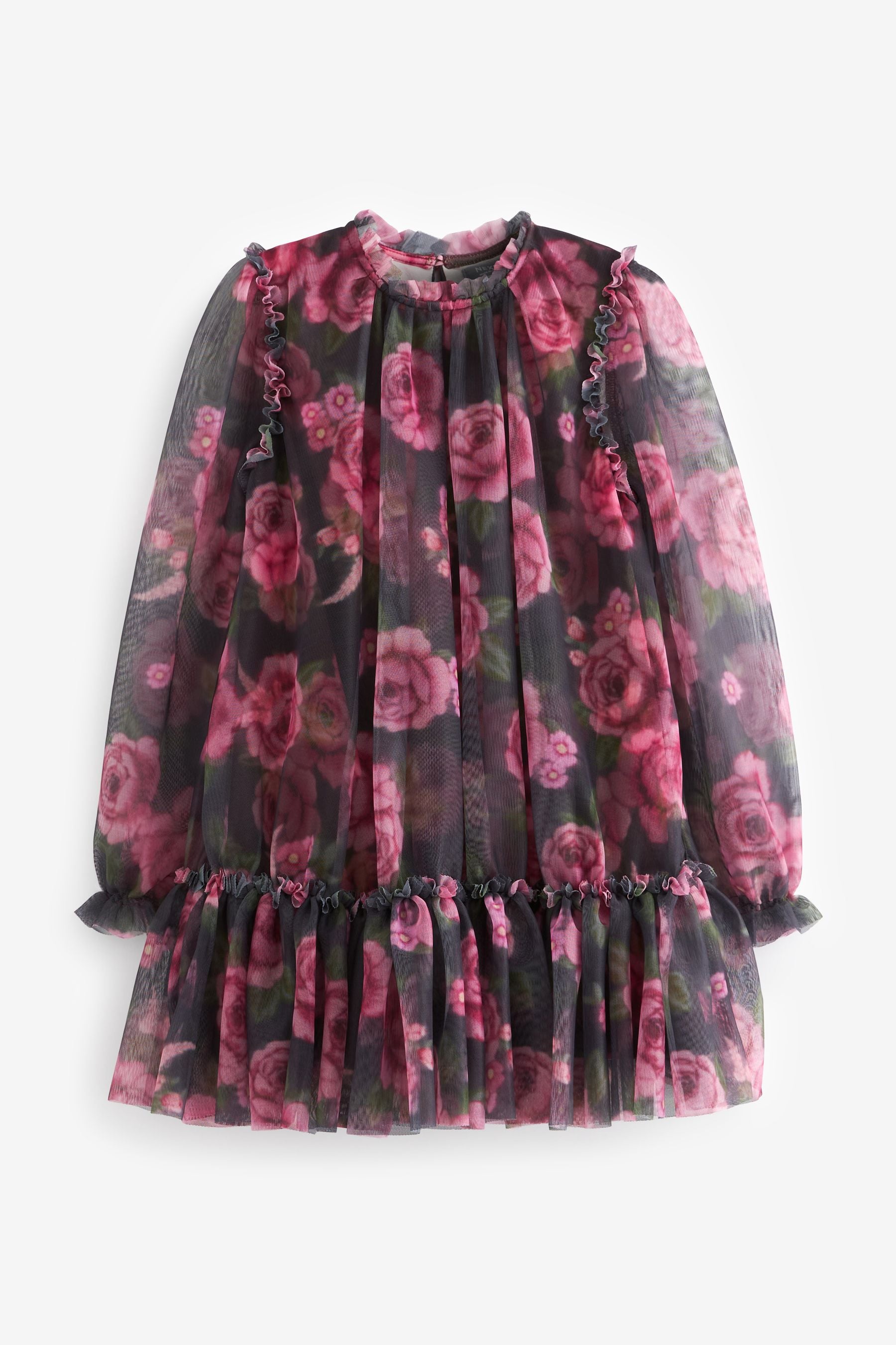 Pink/Black Soft Rose Print Tiered Tulle Mesh Dress (3-16yrs)