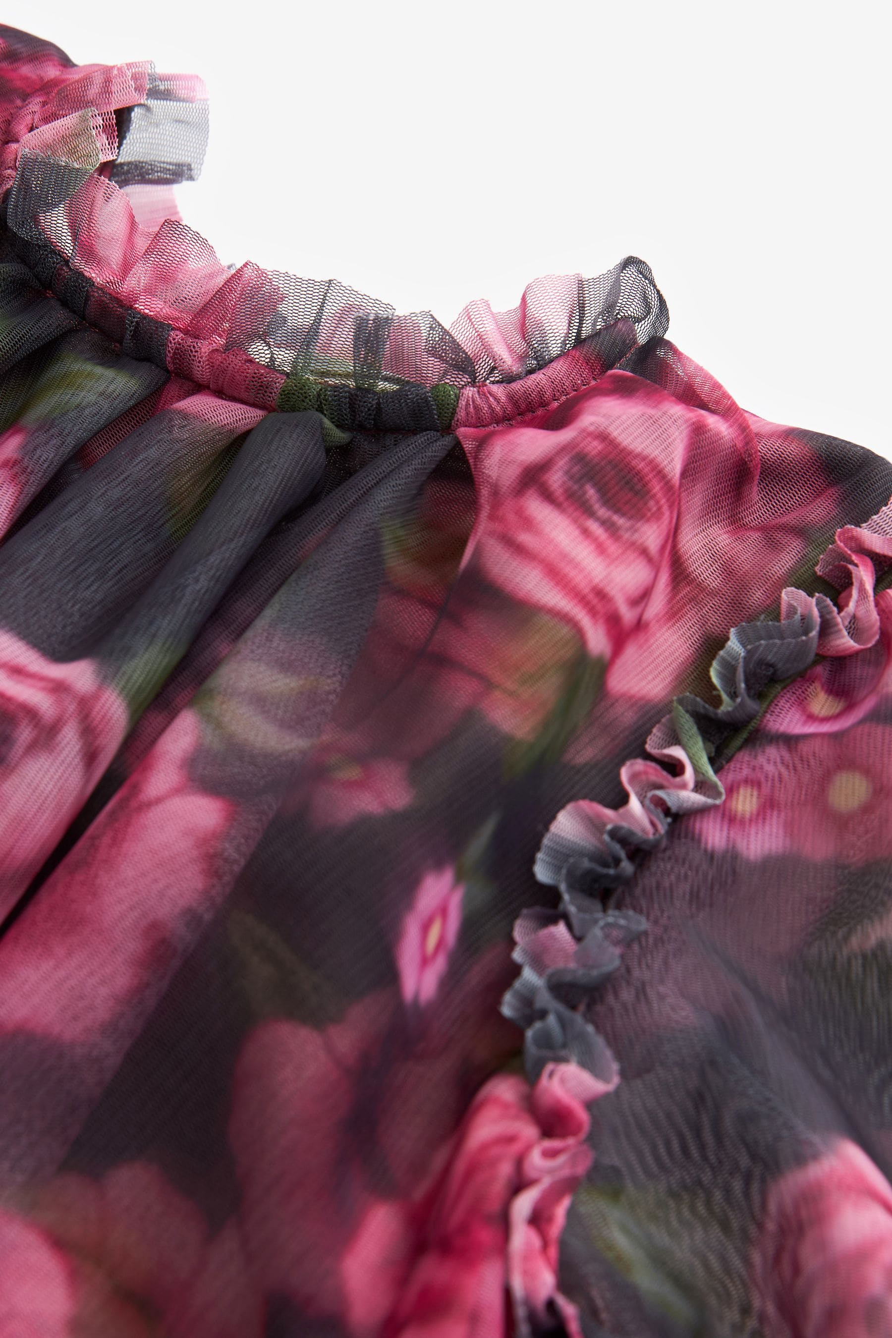 Pink/Black Soft Rose Print Tiered Tulle Mesh Dress (3-16yrs)