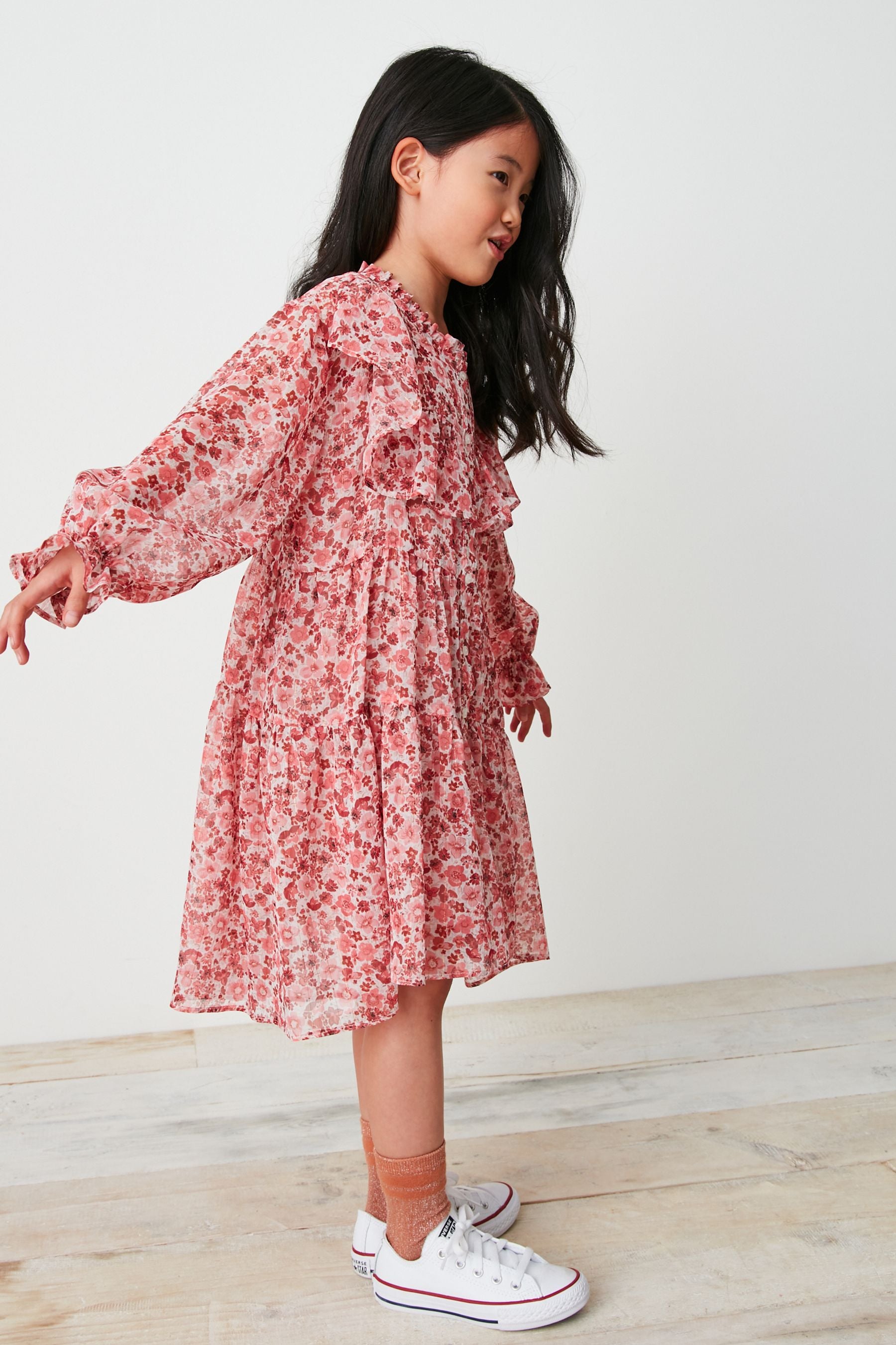 Pink Floral Chiffon Ruffle Dress (3-16yrs)