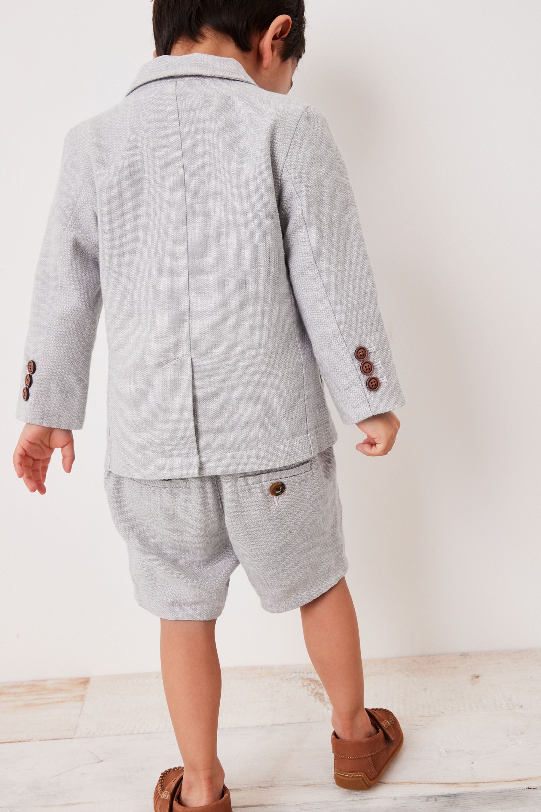 Grey Linen Blend Blazer, Short & T-Shirt Set (3mths-9yrs)