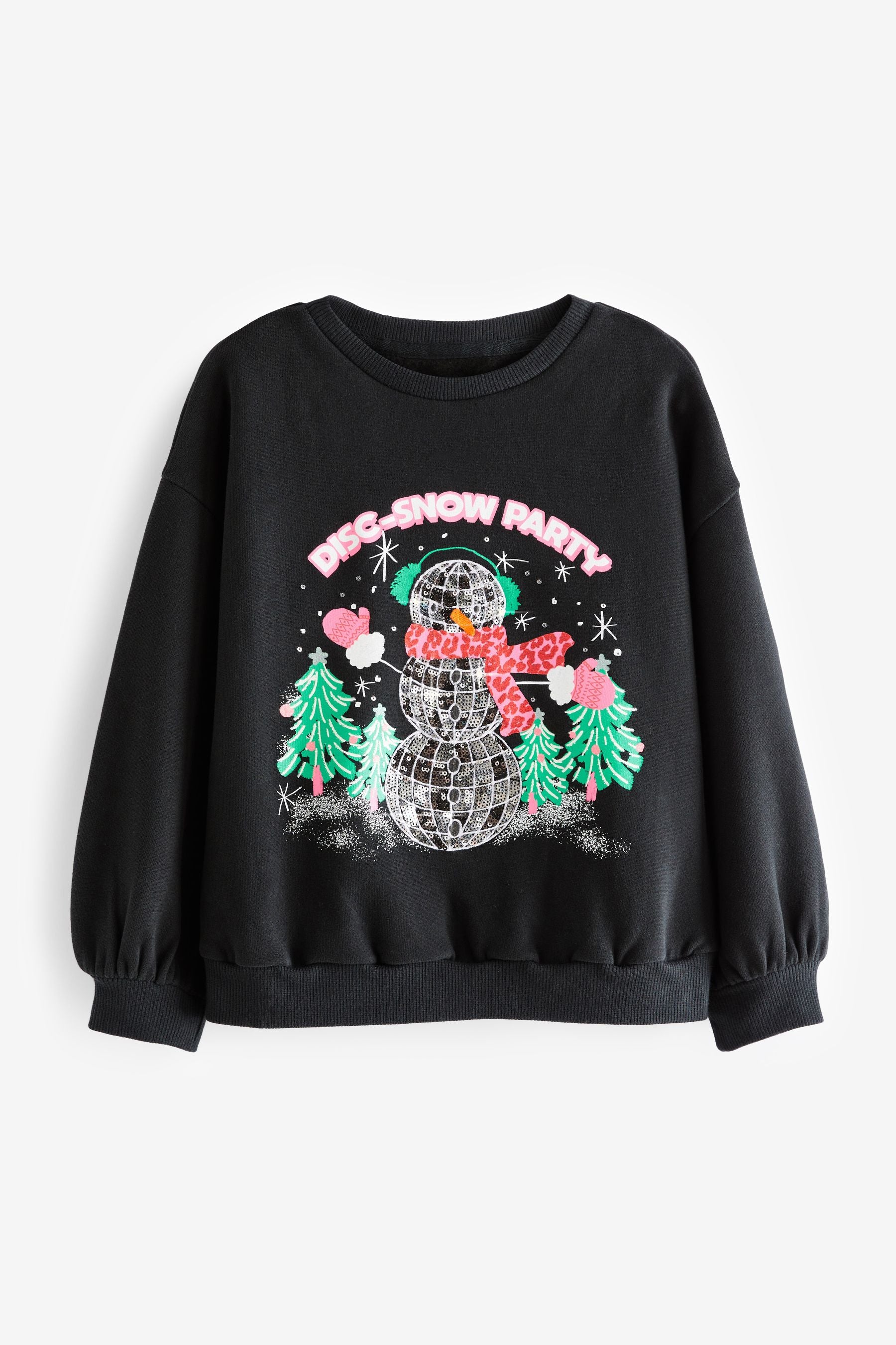 Black Sequin Snowman Christmas Sweatshirt Jumper (3-16yrs)