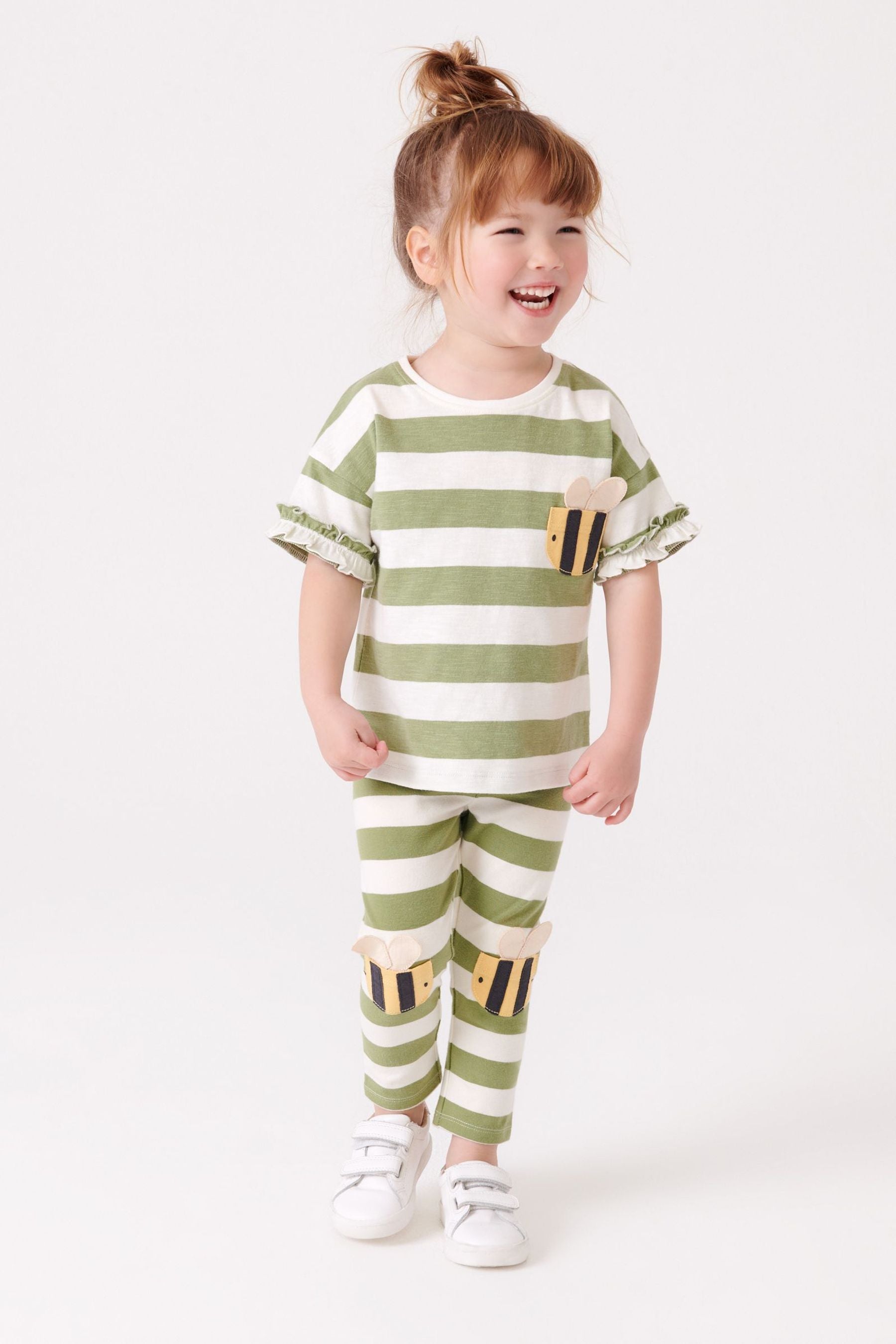 Green Stripe Bee Pocket Embroidered T-Shirt (3mths-7yrs)