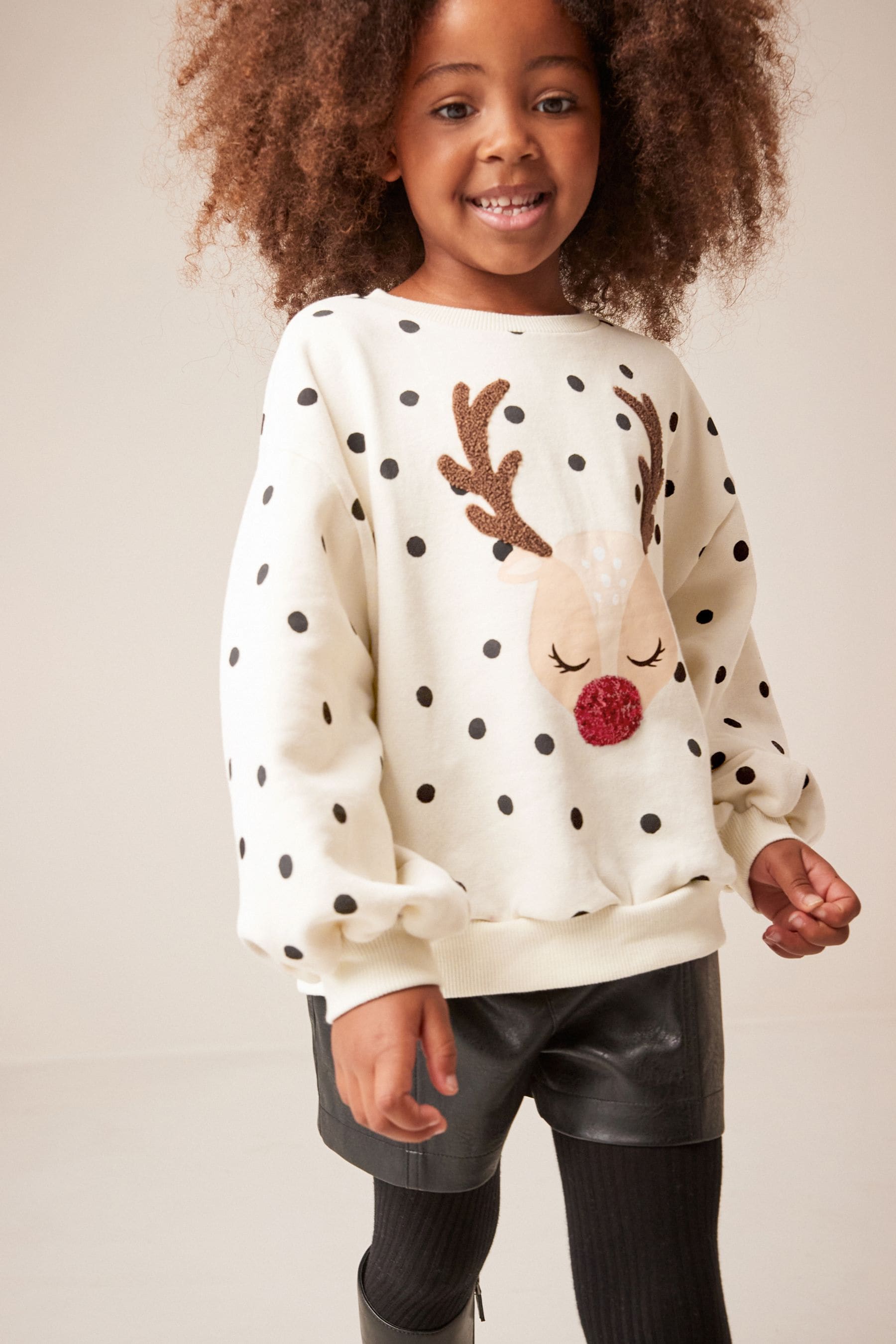 Ecru Cream Reindeer Spot Christmas Sweatshirt Jumper (3-16yrs)