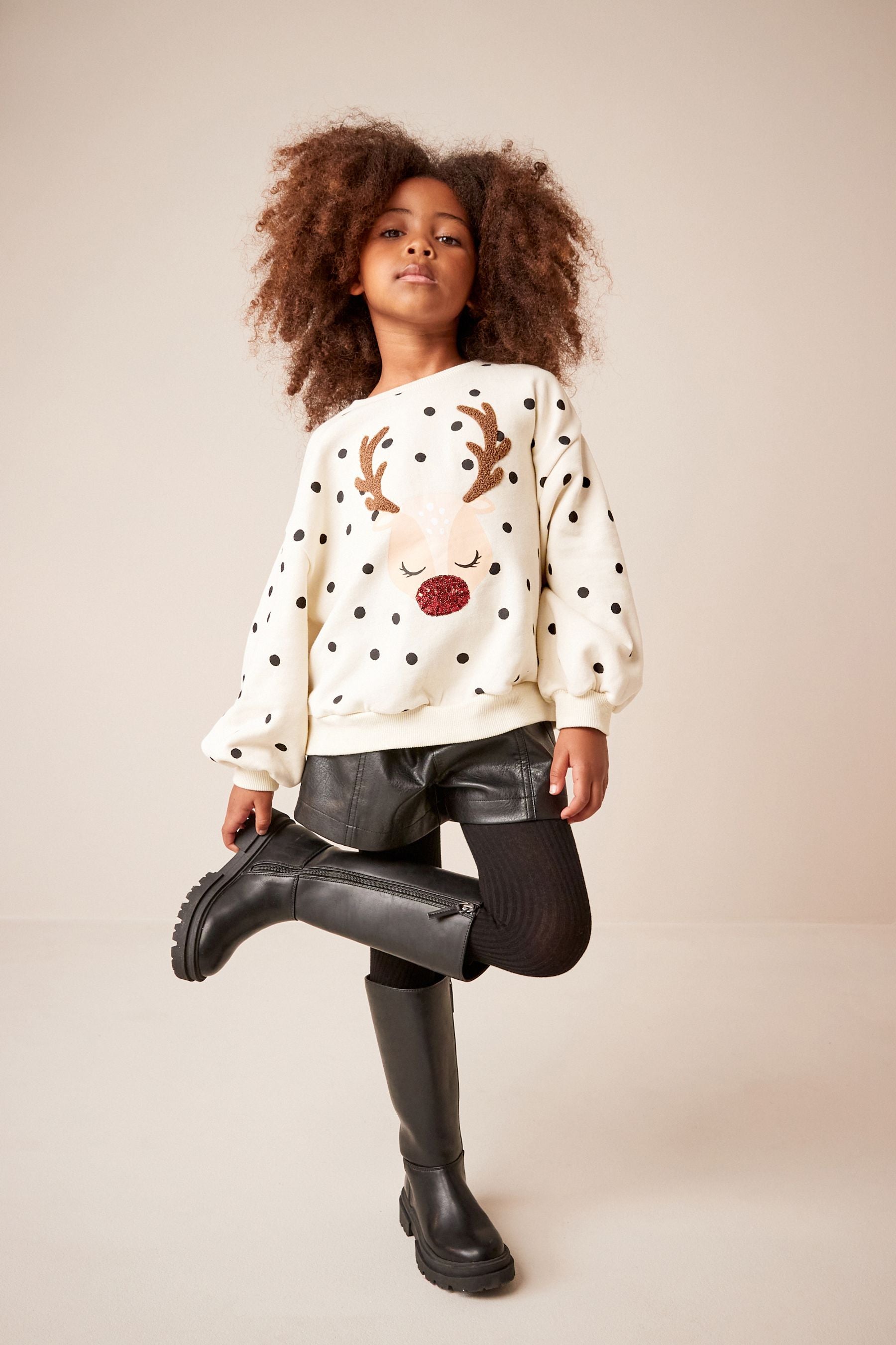 Ecru Cream Reindeer Spot Christmas Sweatshirt Jumper (3-16yrs)