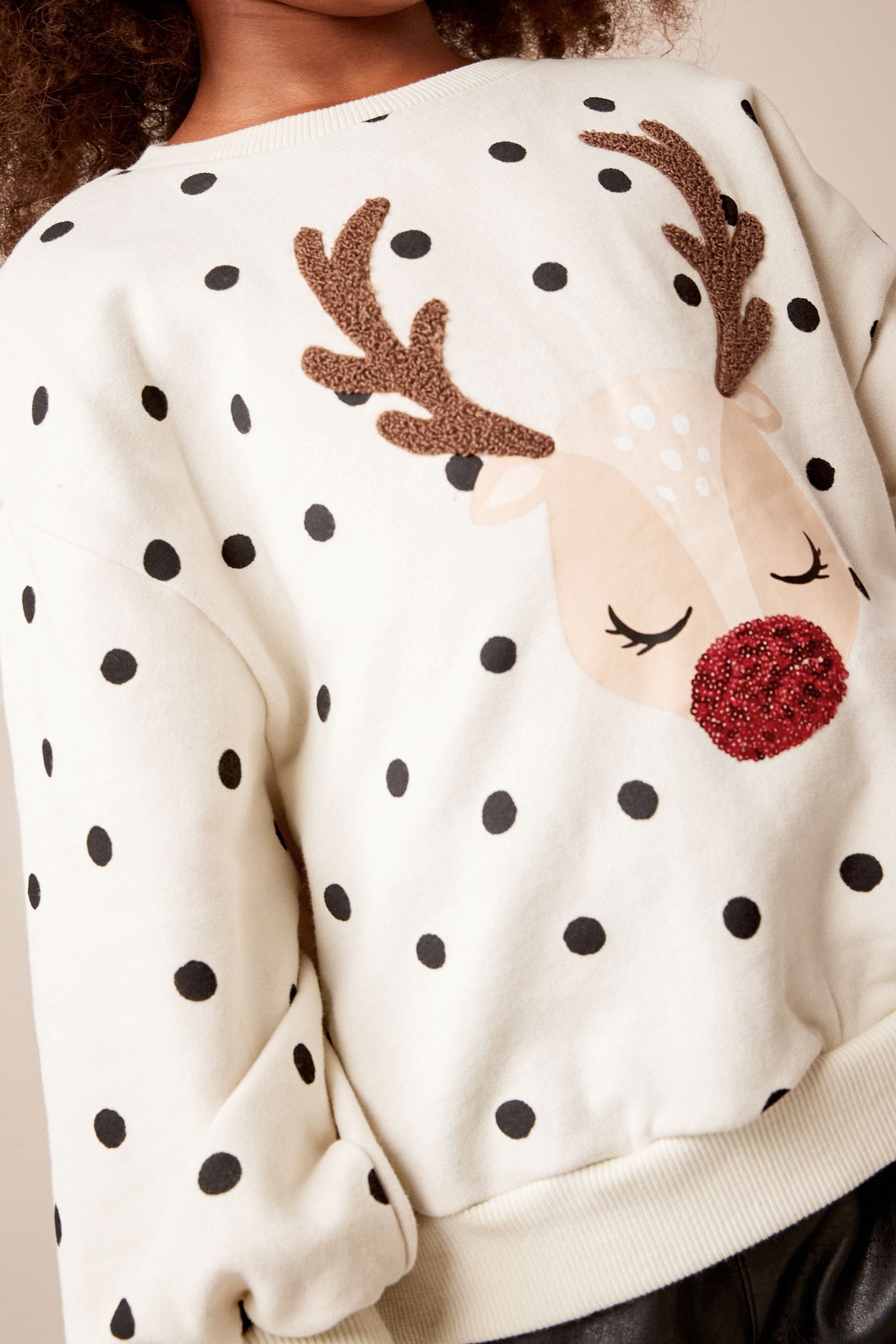 Ecru Cream Reindeer Spot Christmas Sweatshirt Jumper (3-16yrs)