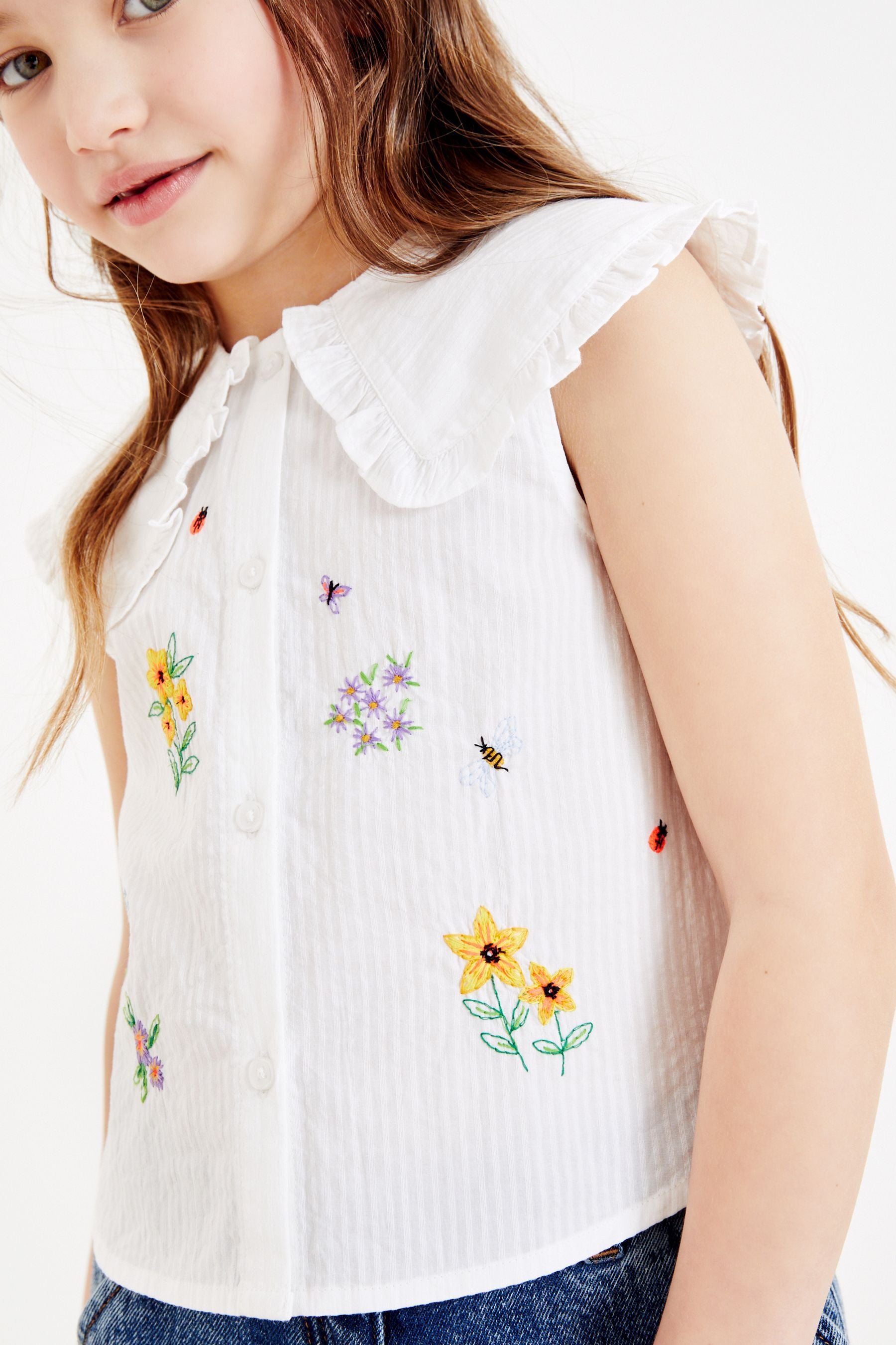 White Embroidered Big Collar Blouse (3-16yrs)