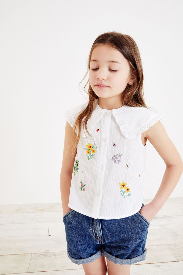 White Embroidered Big Collar Blouse (3-16yrs)