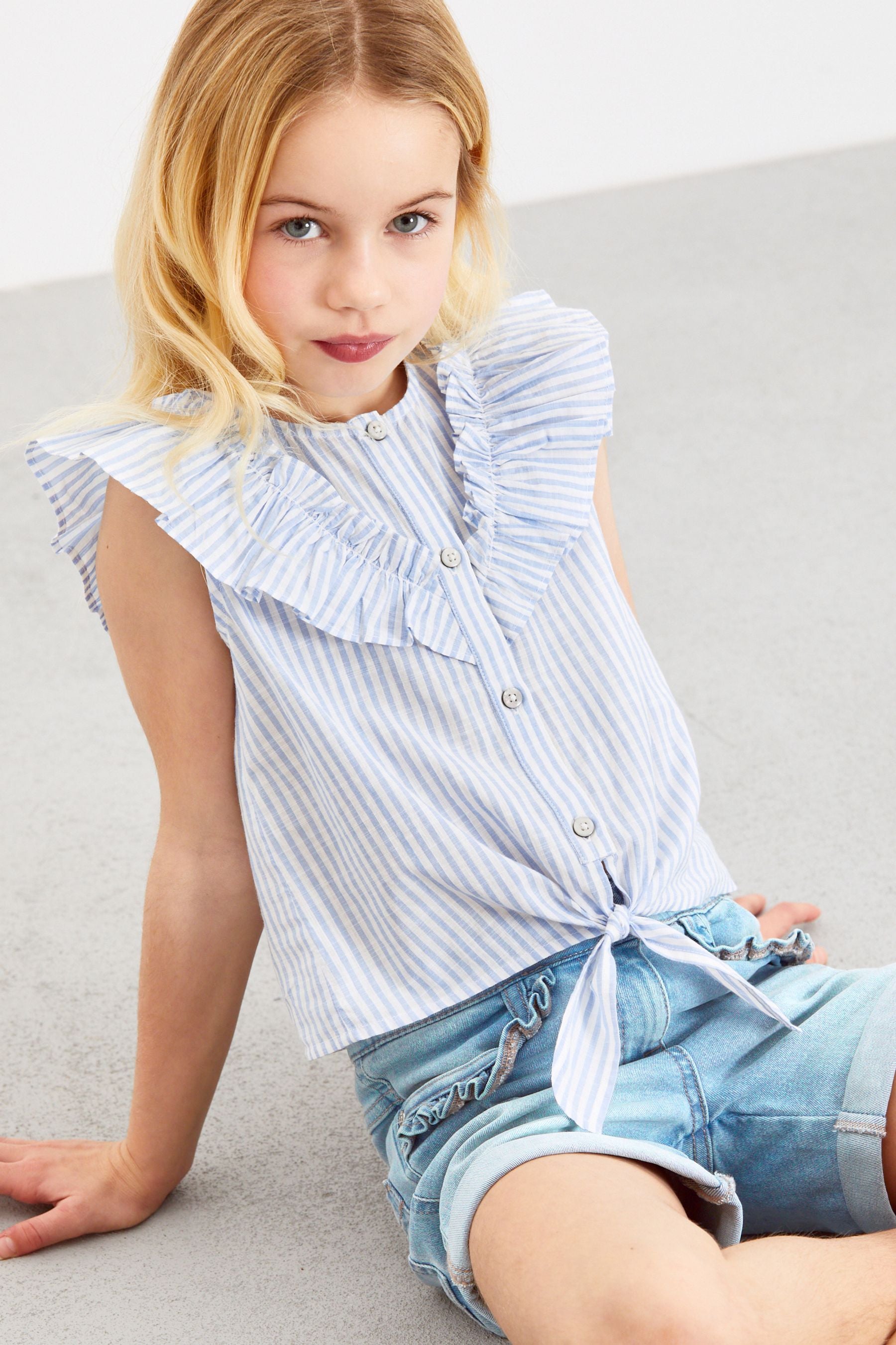 Blue Stripe Tie Front Frill Blouse (3-16yrs)