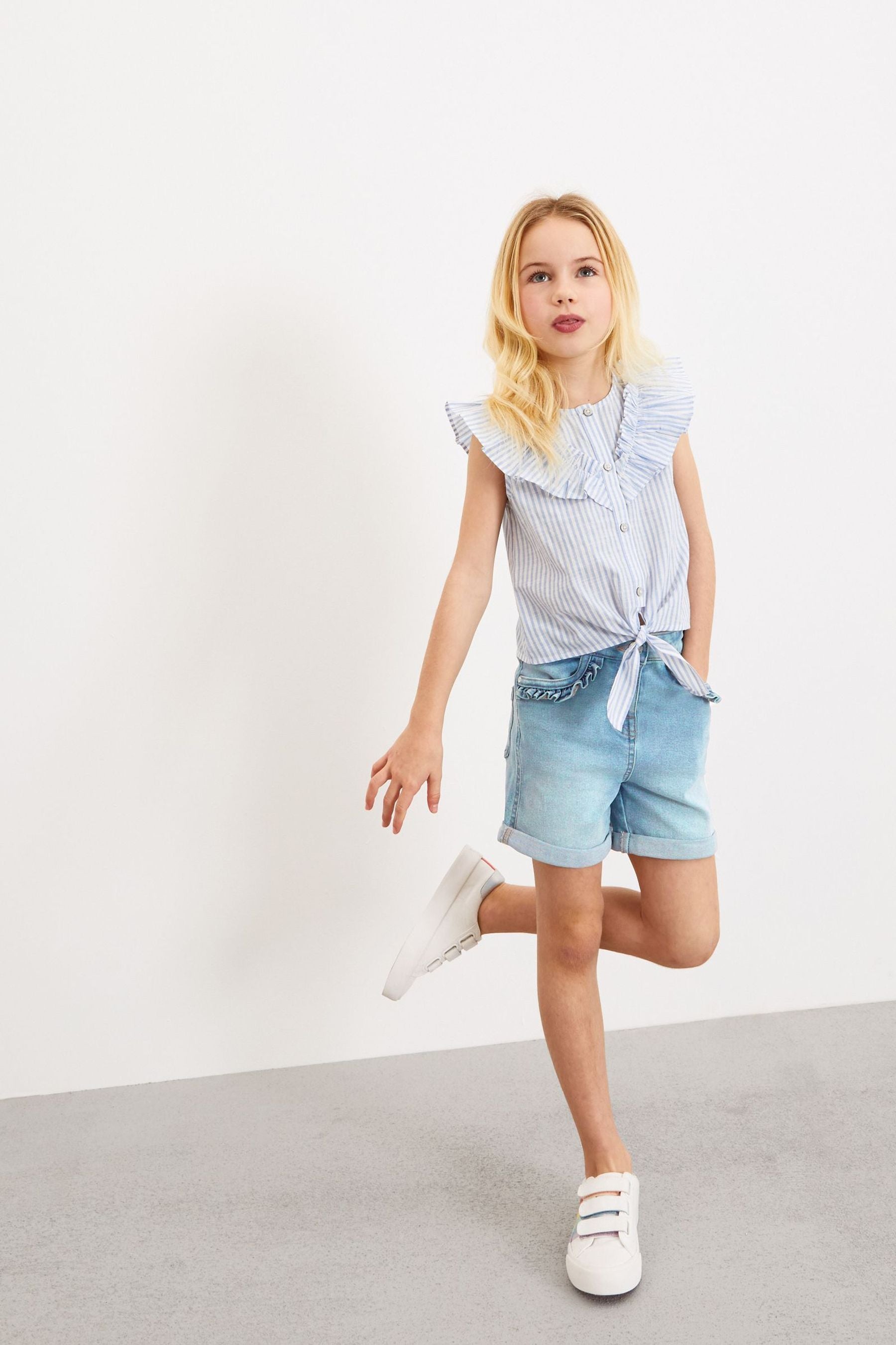 Blue Stripe Tie Front Frill Blouse (3-16yrs)