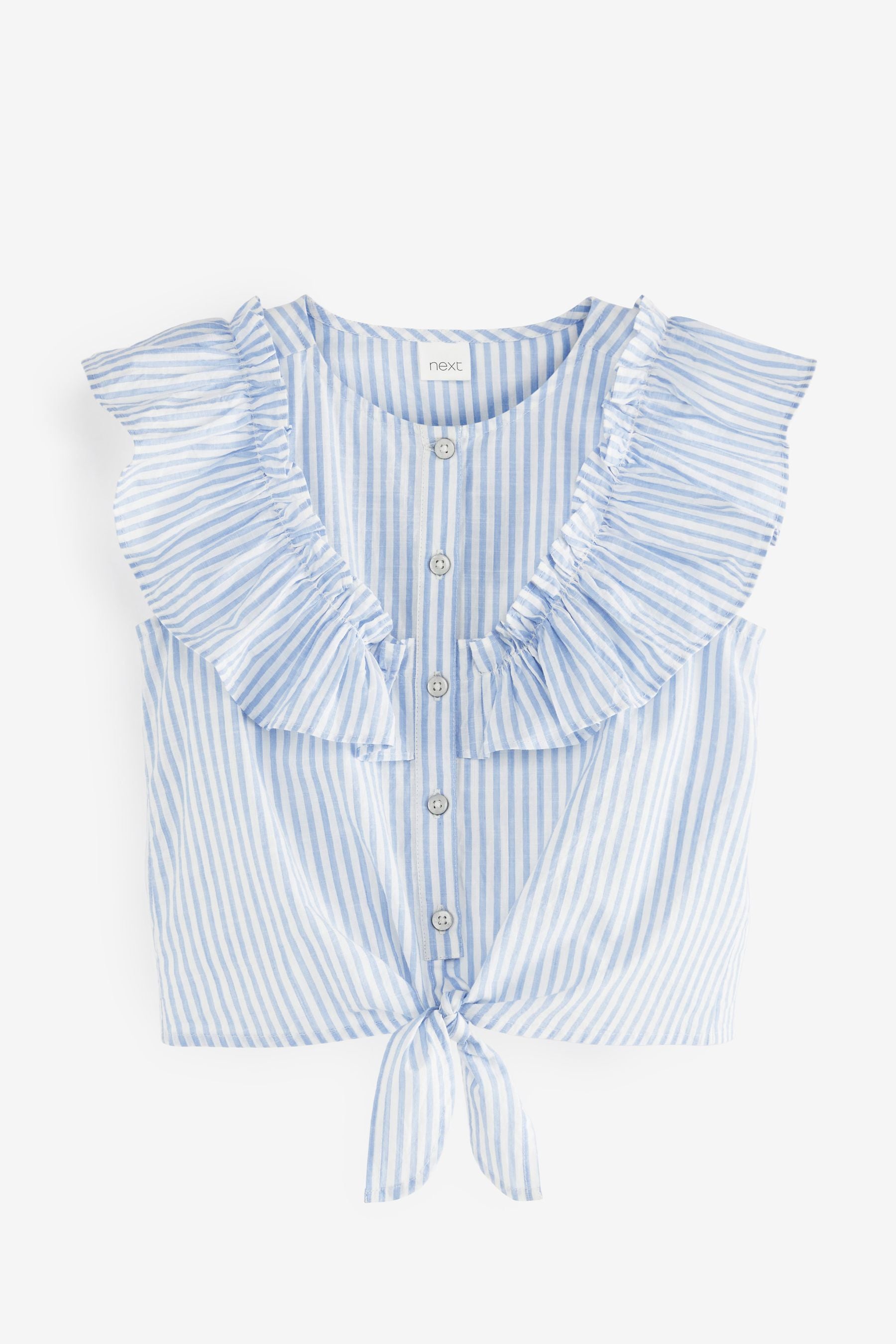 Blue Stripe Tie Front Frill Blouse (3-16yrs)