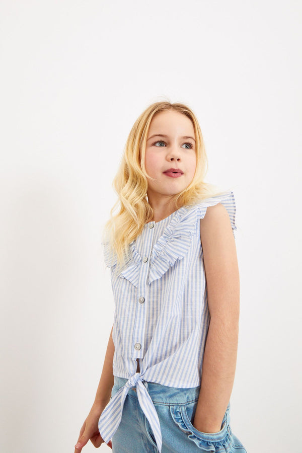 Blue Stripe Tie Front Frill Blouse (3-16yrs)